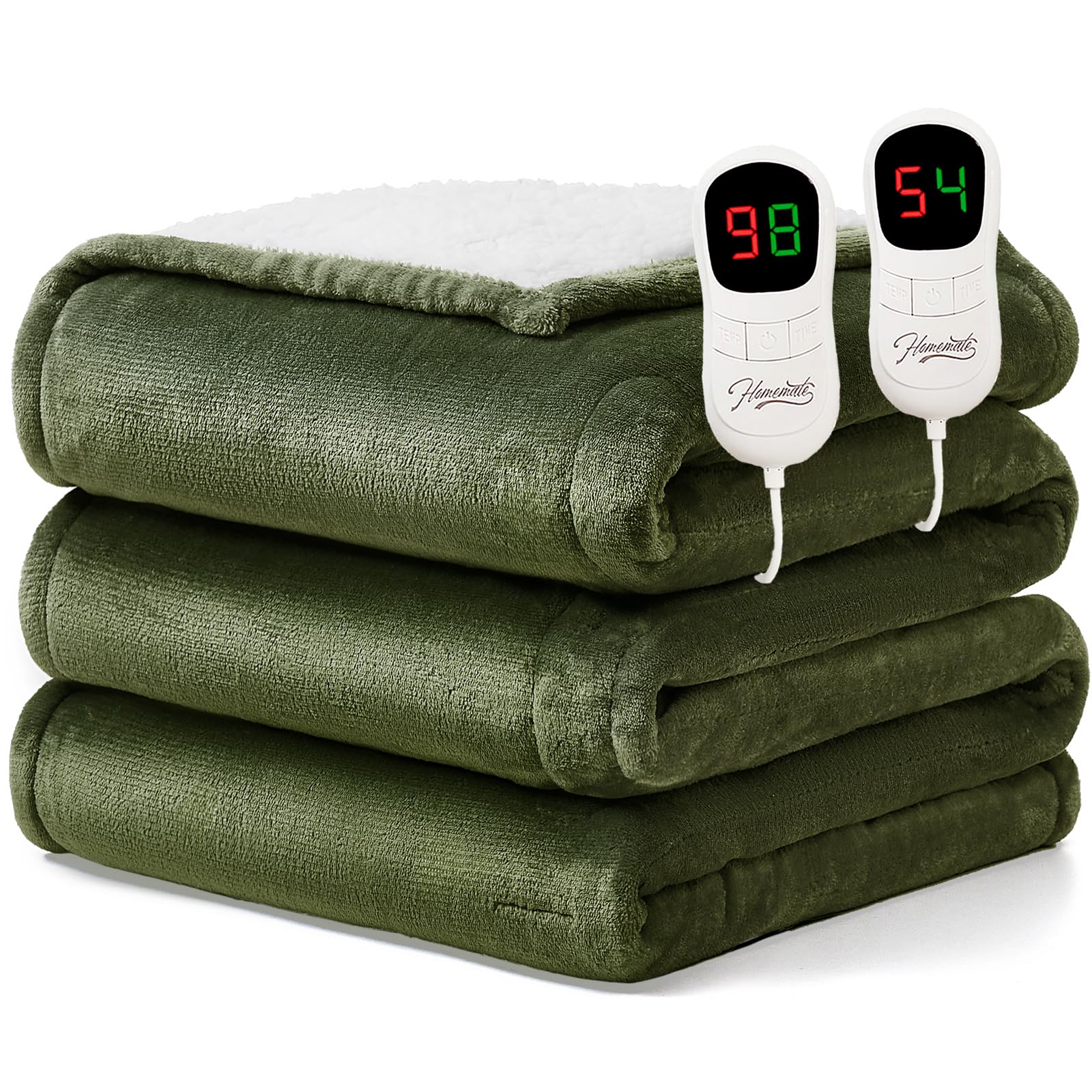 Homemate Heated Blanket Electric Throw - 50"x60" Heating Blanket Throw 1/2/4/6/8 Hours Auto-Off 10 Heat Level Over-Heat Protection Flannel Sherpa ETL Certification
