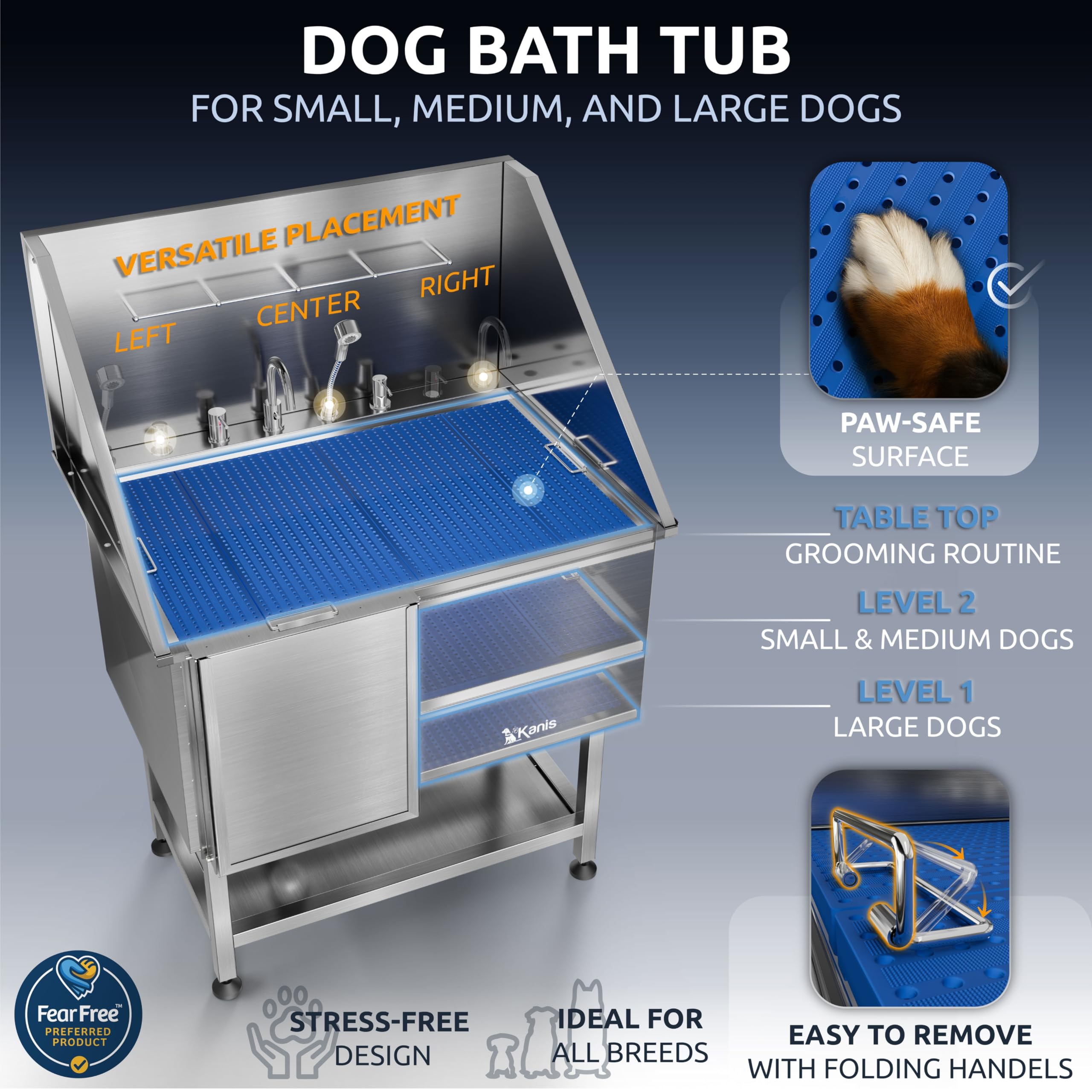 KANIS Professional Dog Washing Station 304 Stainless Steel Pet Wash Sink & Grooming Bathtub w/Shower, Floor Grates and Storage for Large, Medium & Small Pets (Silver, 50 Inches, Right Ramp, 1 Drawer)
