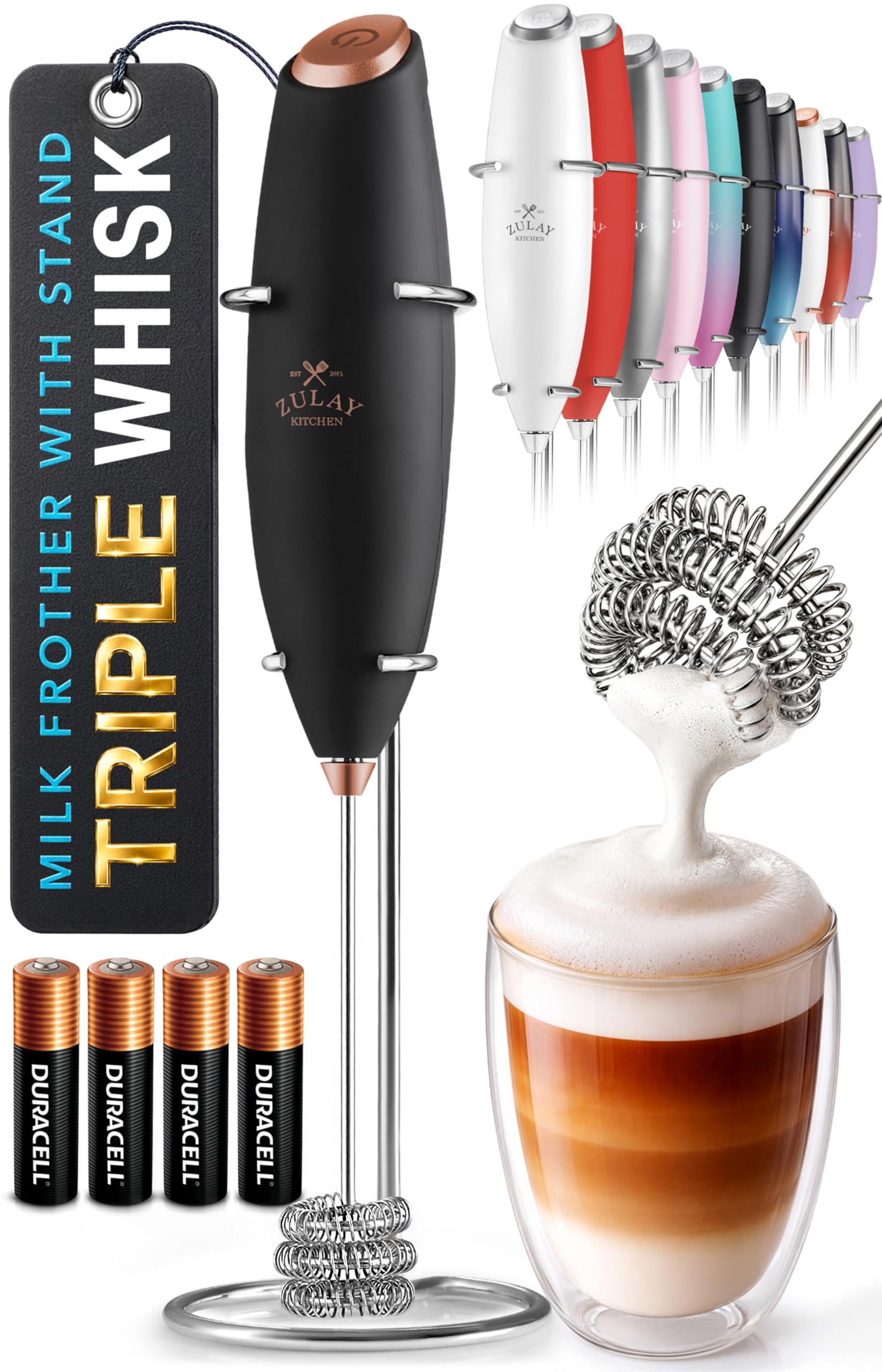 Zulay Kitchen Powerful Milk Frother Wand With Duracell Batteries - Ultra Fast Handheld Drink Mixer - Electric Whisk Foam Maker for Coffee, Lattes, Cappuccino & Matcha - Z1 Motor - Black