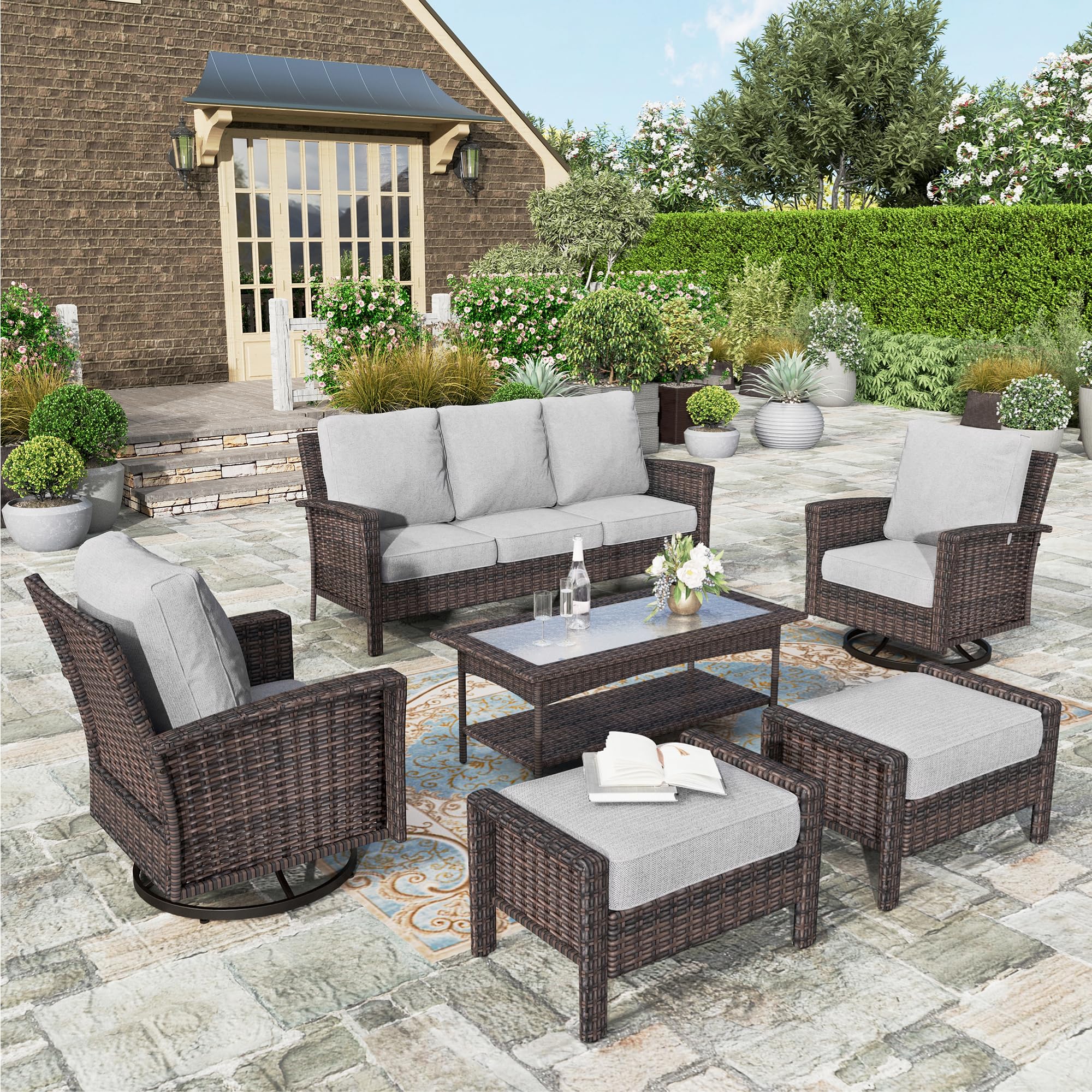HERA'S HOUSE Patio Furniture Set, High Back Swivel Outdoor Chair with 5.5" Thick Cushions, Oversized Deep Seating Wicker Conversation Set for Lawn Backyard Deck, Navy Blue
