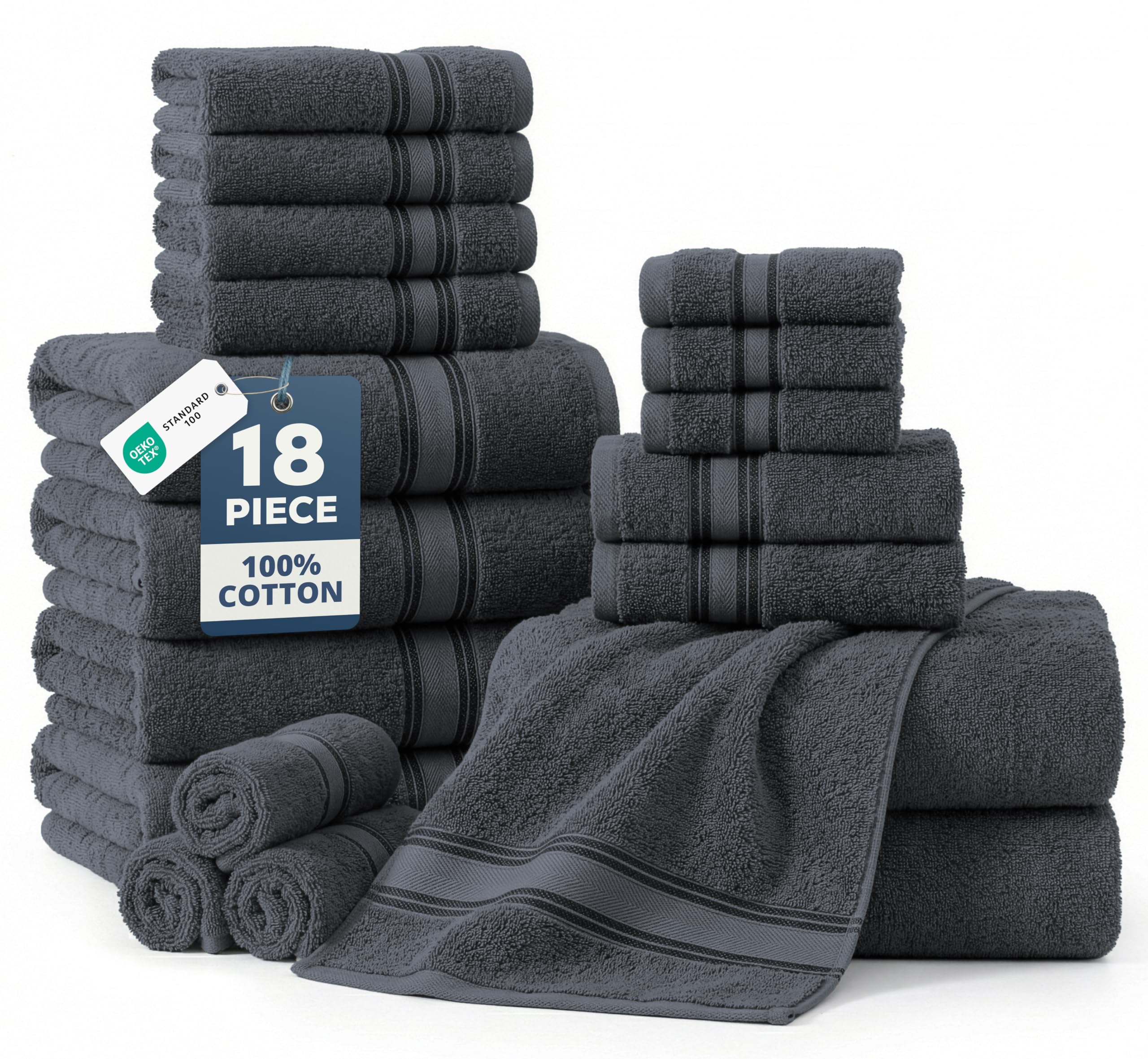 LANE LINEN Bathroom Towels Set of 18 – Zero Twist, 100% Mercerized Cotton Towel, 6 Bath, 6 Handtowel & 6 Washcloths, Luxury Hotel Design, Perfect for Salon & Guests, Machine Washable – Cerulean Blue