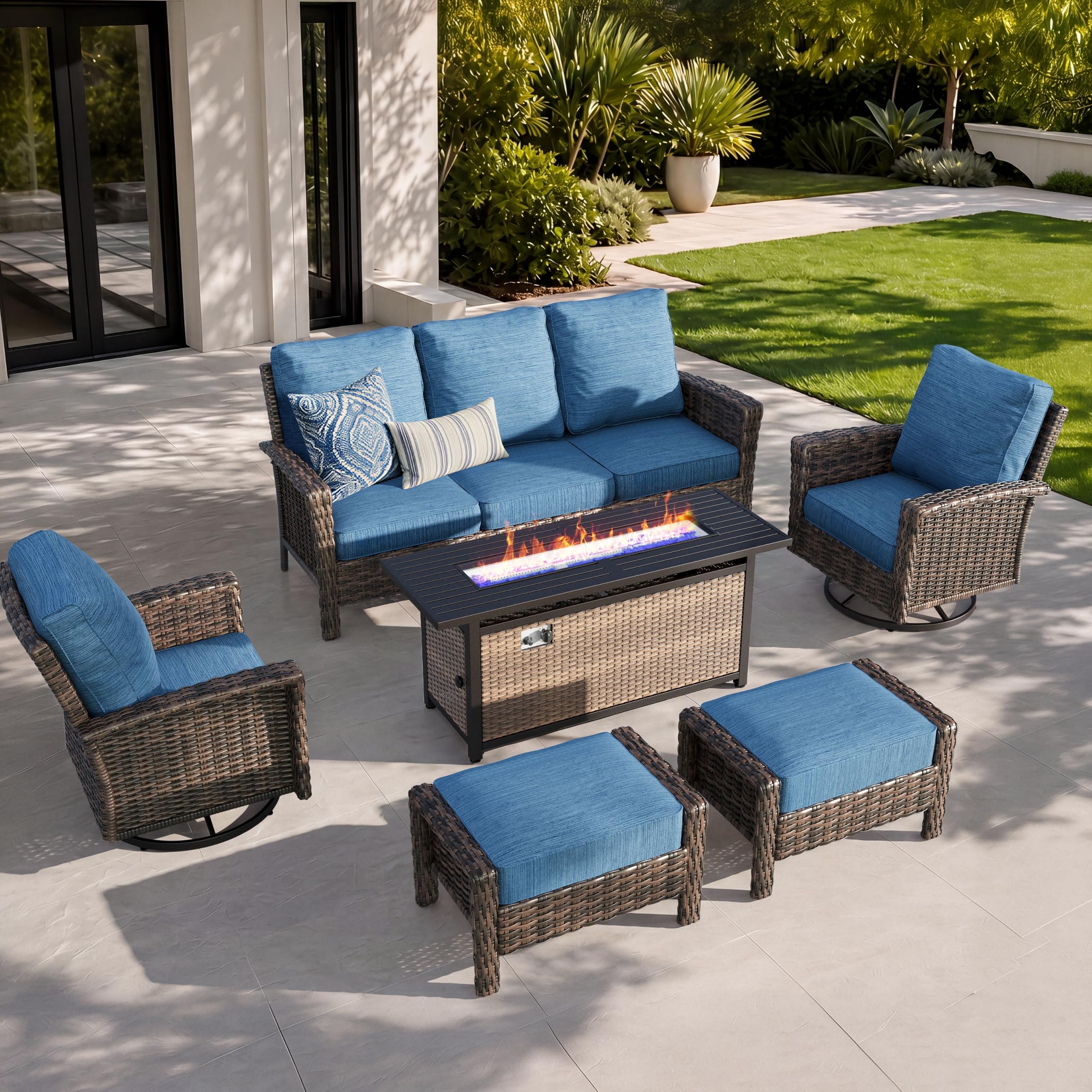 HERA'S HOUSE Patio Furniture Set, High Back Swivel Outdoor Chair with 5.5" Thick Cushions, Oversized Deep Seating Wicker Conversation Set for Lawn Backyard Deck, Navy Blue