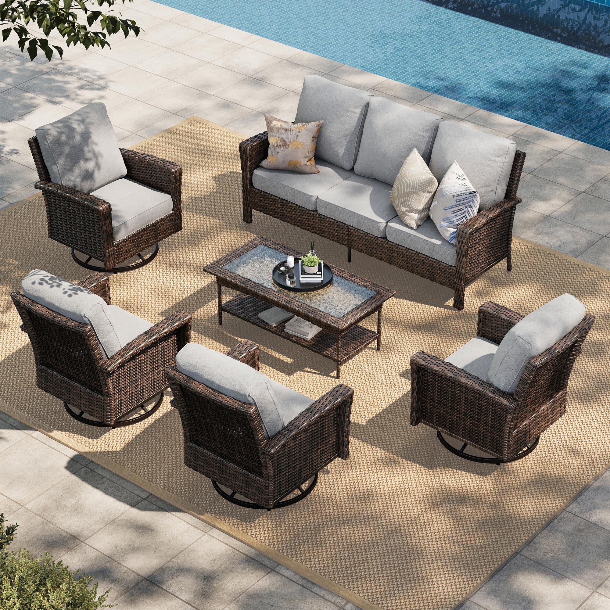 HERA'S HOUSE Patio Furniture Set, High Back Swivel Outdoor Chair with 5.5" Thick Cushions, Oversized Deep Seating Wicker Conversation Set for Lawn Backyard Deck, Navy Blue