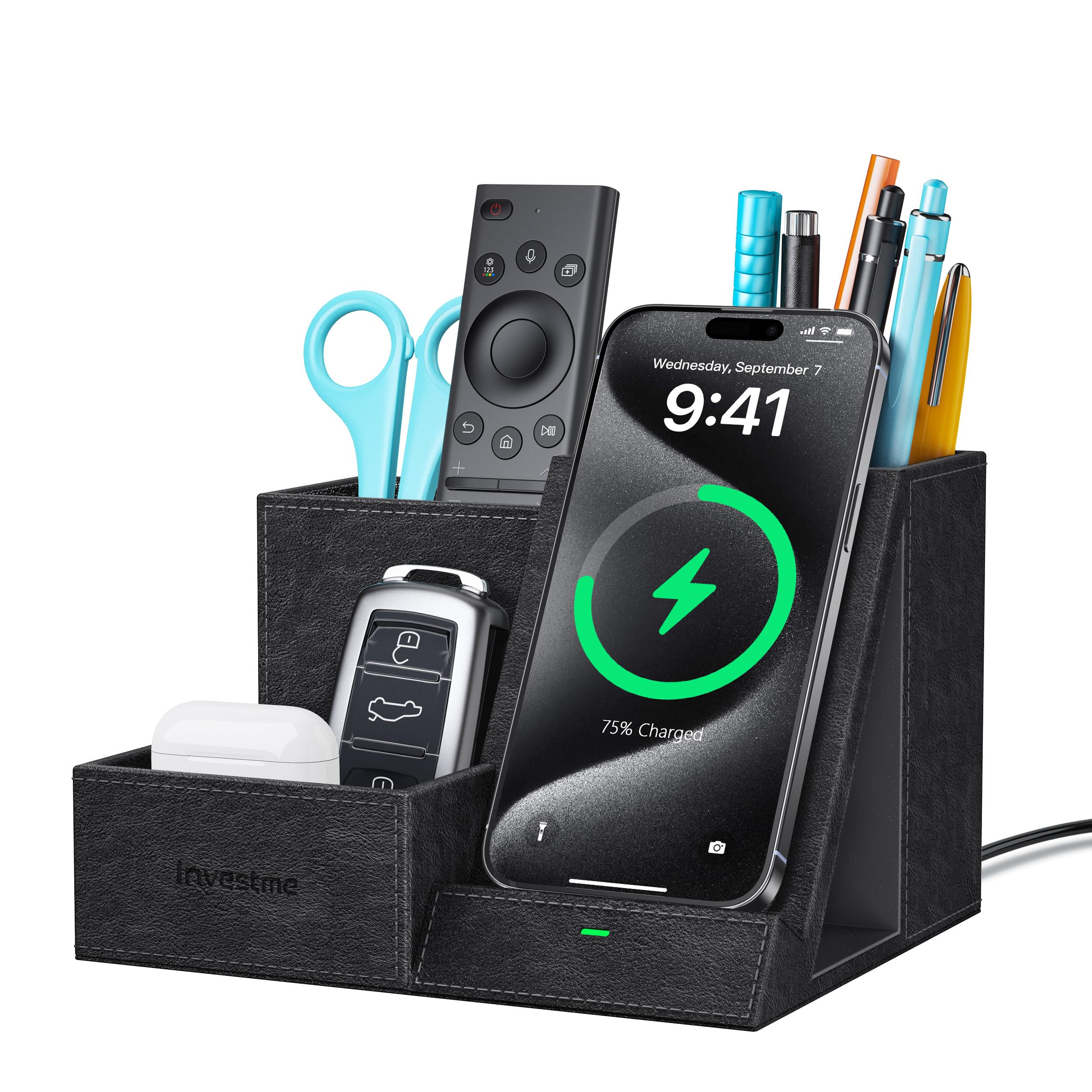 Wireless Charger with Desk Organizer, Pen Pencil Holder, Multifunctional Desktop Organizer, Office Supplies and Desk Accessories Organizer with 3 Compartments and 1 Phone Stand