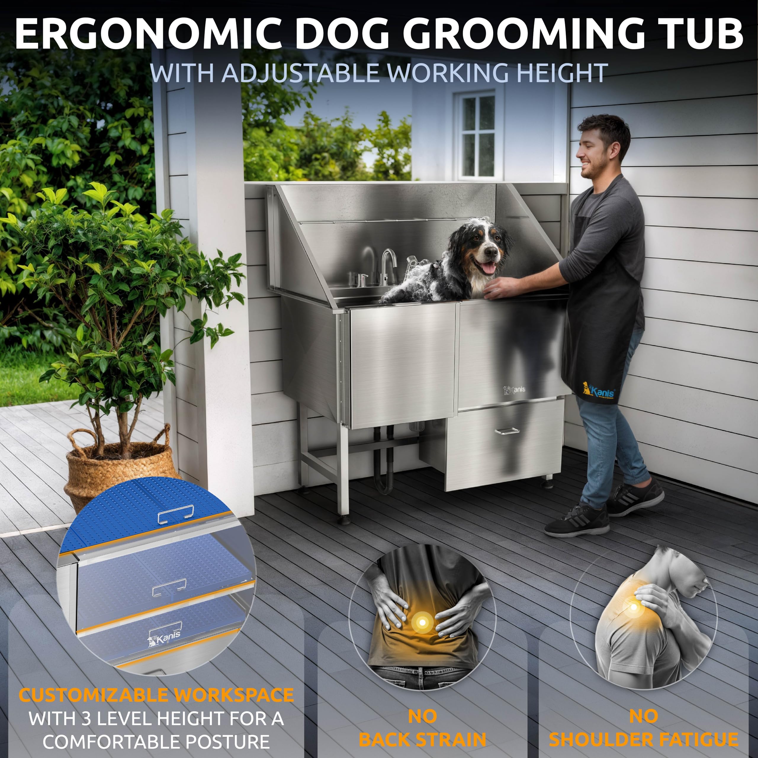 KANIS Professional Dog Washing Station 304 Stainless Steel Pet Wash Sink & Grooming Bathtub w/Shower, Floor Grates and Storage for Large, Medium & Small Pets (Silver, 50 Inches, Right Ramp, 1 Drawer)