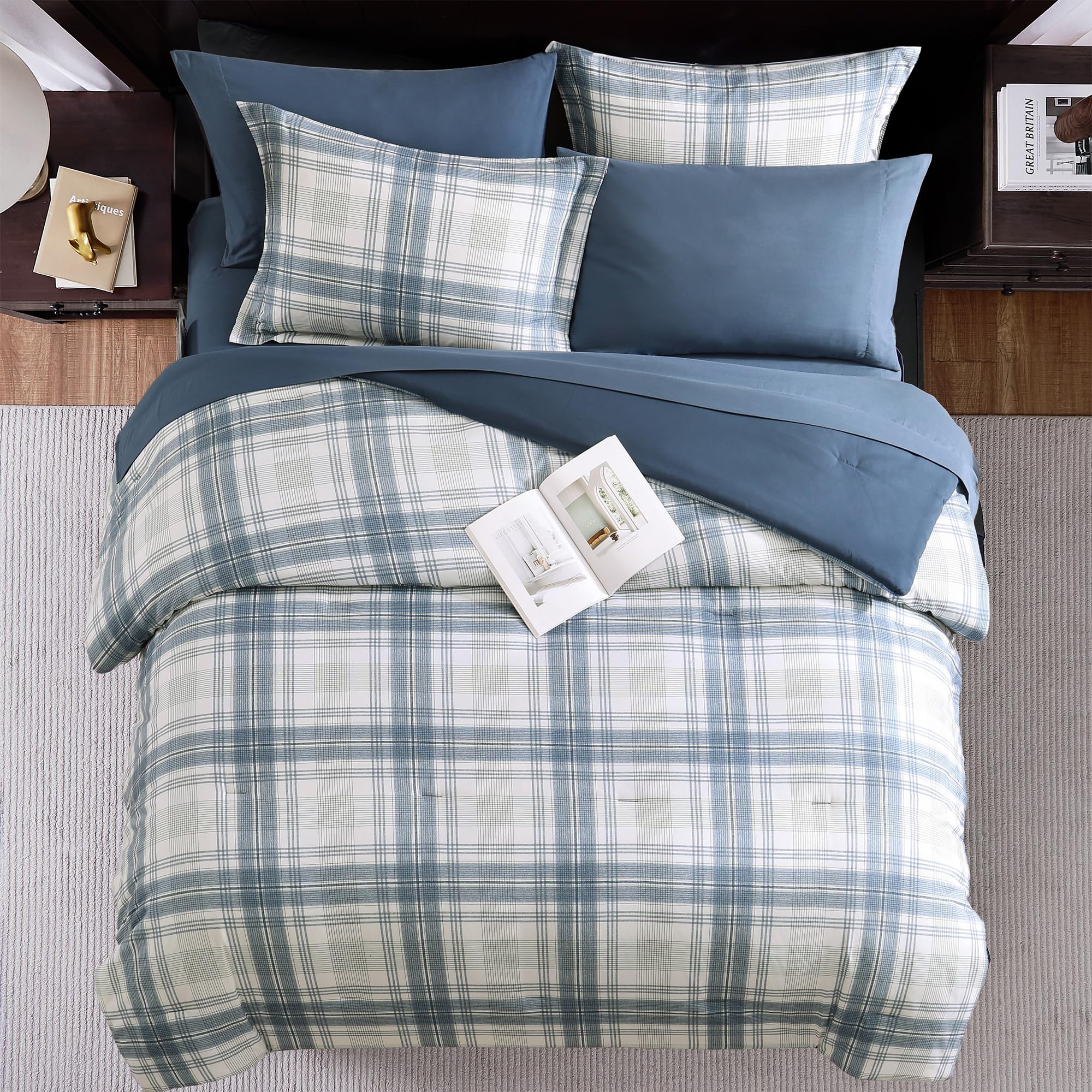 MaiRêve Plaid Twin XL Comforter Set Navy Blue 5 Pieces Dorm Bed in a Bag | Rustic Farmhouse Bedding Sets for Boys Teen with Sheets, Pillowcase & Sham