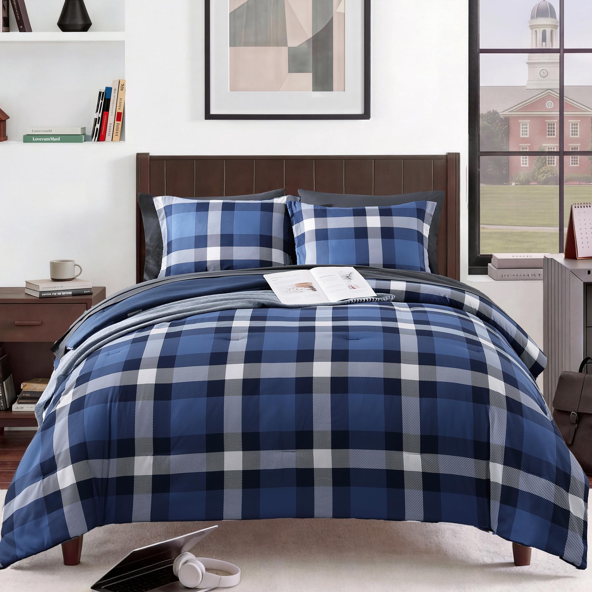 MaiRêve Plaid Twin XL Comforter Set Navy Blue 5 Pieces Dorm Bed in a Bag | Rustic Farmhouse Bedding Sets for Boys Teen with Sheets, Pillowcase & Sham