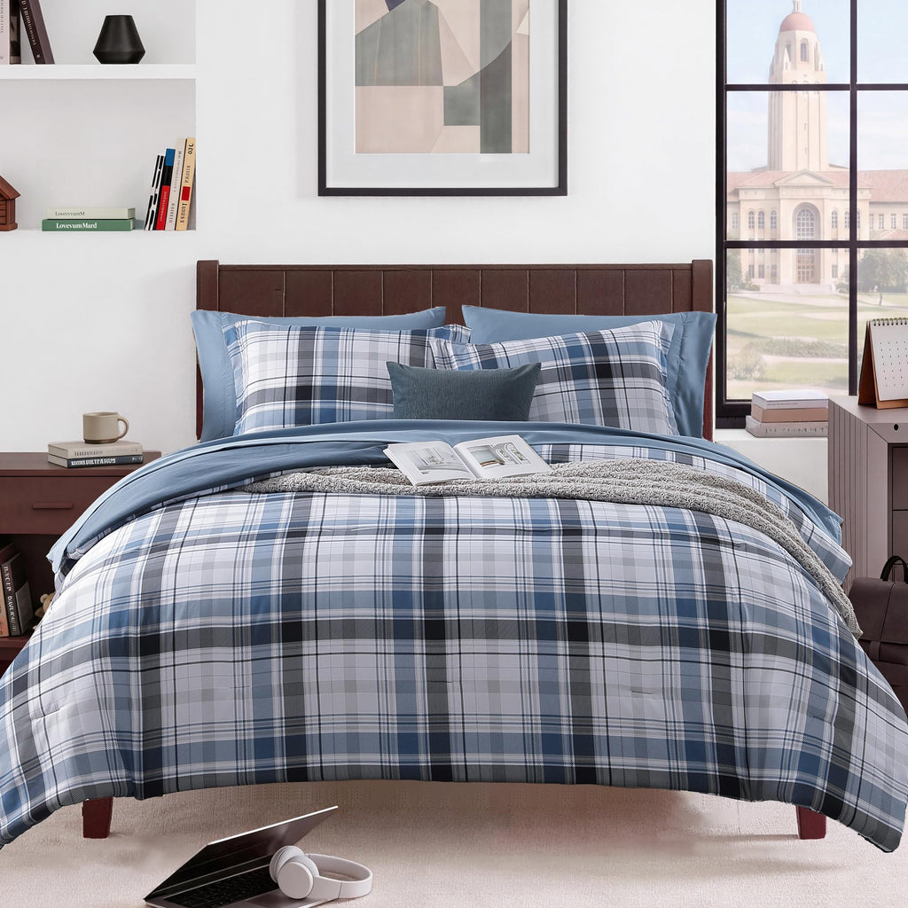 MaiRêve Plaid Twin XL Comforter Set Navy Blue 5 Pieces Dorm Bed in a Bag | Rustic Farmhouse Bedding Sets for Boys Teen with Sheets, Pillowcase & Sham