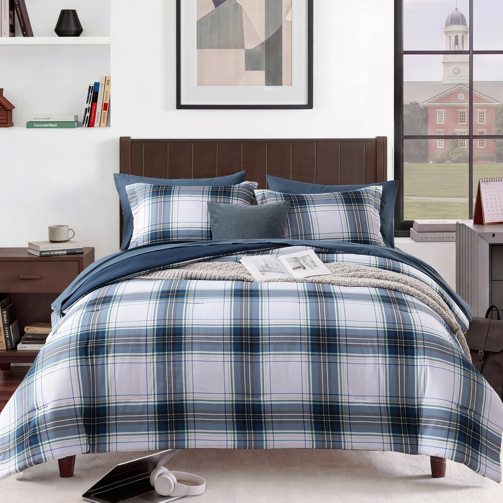 MaiRêve Plaid Twin XL Comforter Set Navy Blue 5 Pieces Dorm Bed in a Bag | Rustic Farmhouse Bedding Sets for Boys Teen with Sheets, Pillowcase & Sham
