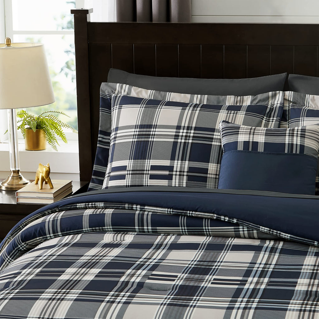 MaiRêve Plaid Twin XL Comforter Set Navy Blue 5 Pieces Dorm Bed in a Bag | Rustic Farmhouse Bedding Sets for Boys Teen with Sheets, Pillowcase & Sham