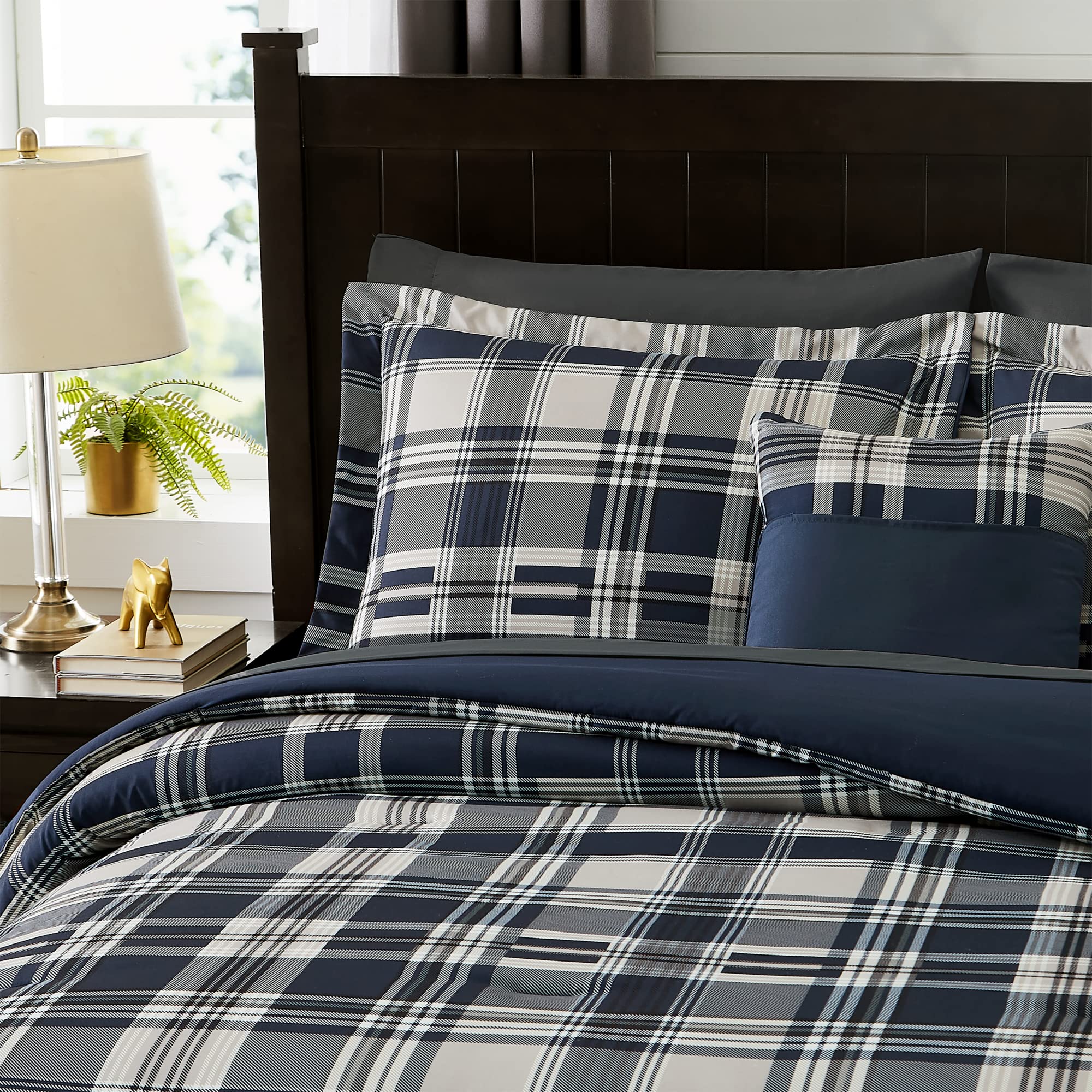MaiRêve Plaid Twin XL Comforter Set Navy Blue 5 Pieces Dorm Bed in a Bag | Rustic Farmhouse Bedding Sets for Boys Teen with Sheets, Pillowcase & Sham