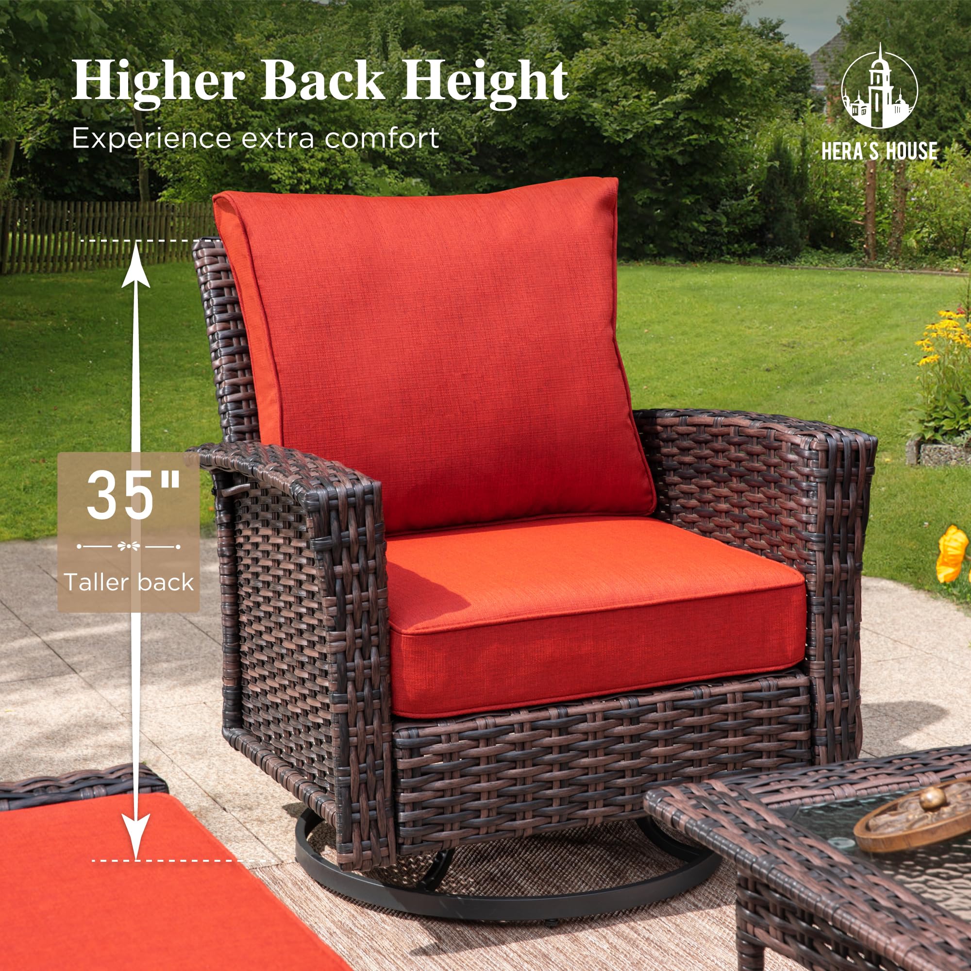 HERA'S HOUSE Patio Furniture Set, High Back Swivel Outdoor Chair with 5.5" Thick Cushions, Oversized Deep Seating Wicker Conversation Set for Lawn Backyard Deck, Navy Blue