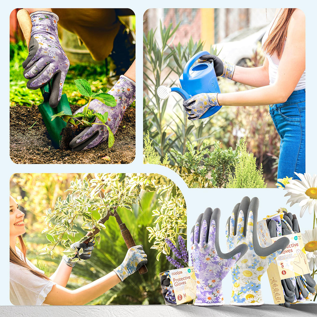 COOLJOB 2 Pairs Gardening Gloves for Women Ladies, Breathable Rubber Coated for Yard Garden, Outdoor Indoor Protective Work with Grip, Medium Size, Red & Green | Red & Blue, Textured Latex Palm, Breathable Polyester Liner, Flexible Fit, Machine Washable,