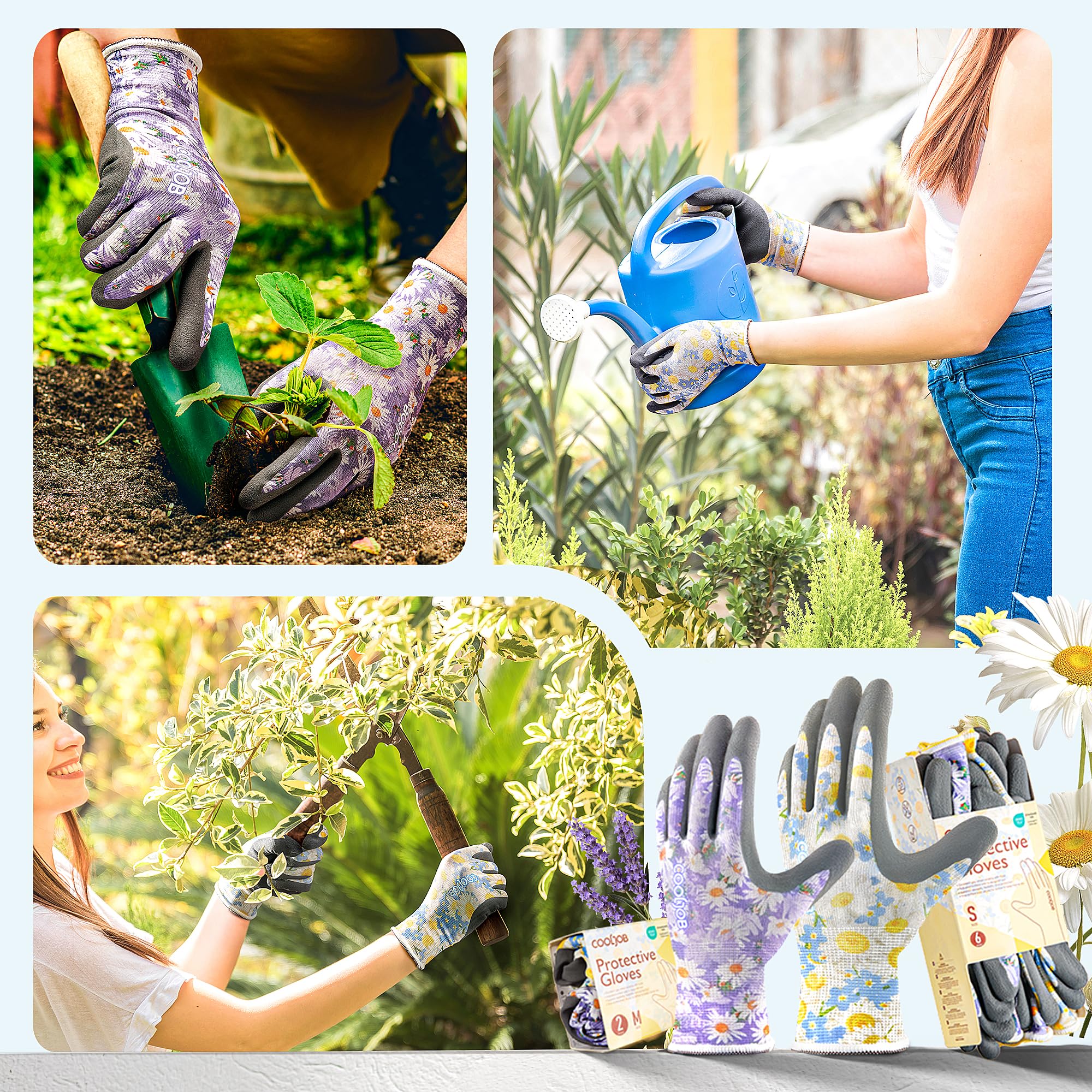 COOLJOB 2 Pairs Gardening Gloves for Women Ladies, Breathable Rubber Coated for Yard Garden, Outdoor Indoor Protective Work with Grip, Medium Size, Red & Green | Red & Blue, Textured Latex Palm, Breathable Polyester Liner, Flexible Fit, Machine Washable,