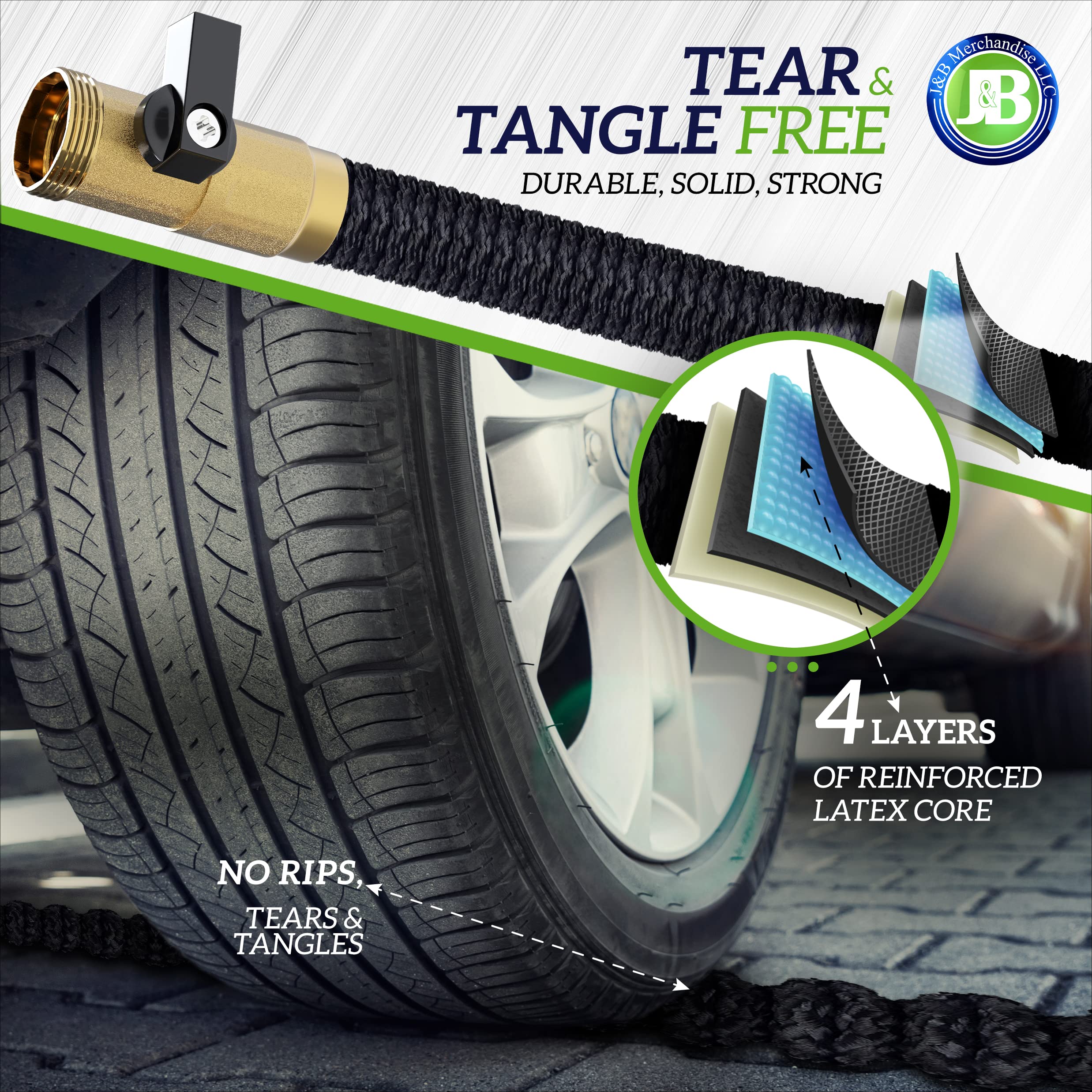 J&B XpandaHose 75ft Expandable Garden Hose, Lightweight, Brass Connectors | Ultra Strong 3750D fabric, 4-layer latex core, expands 3X, kink & leak-resistant, 10-pattern nozzle, storage bag