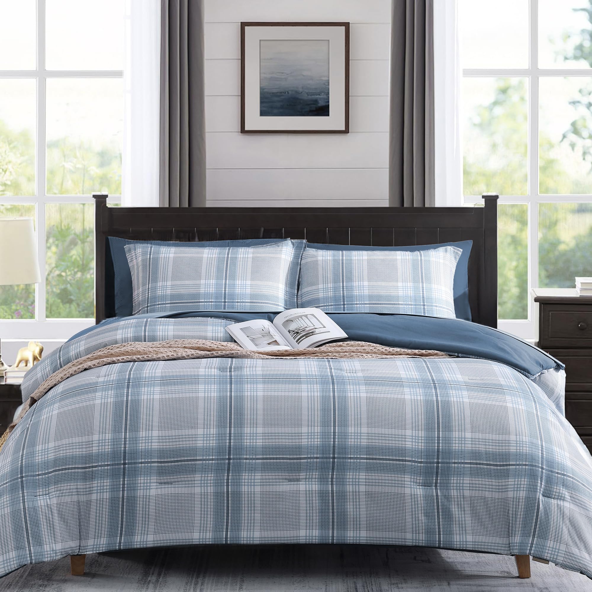 MaiRêve Plaid Twin XL Comforter Set Navy Blue 5 Pieces Dorm Bed in a Bag | Rustic Farmhouse Bedding Sets for Boys Teen with Sheets, Pillowcase & Sham