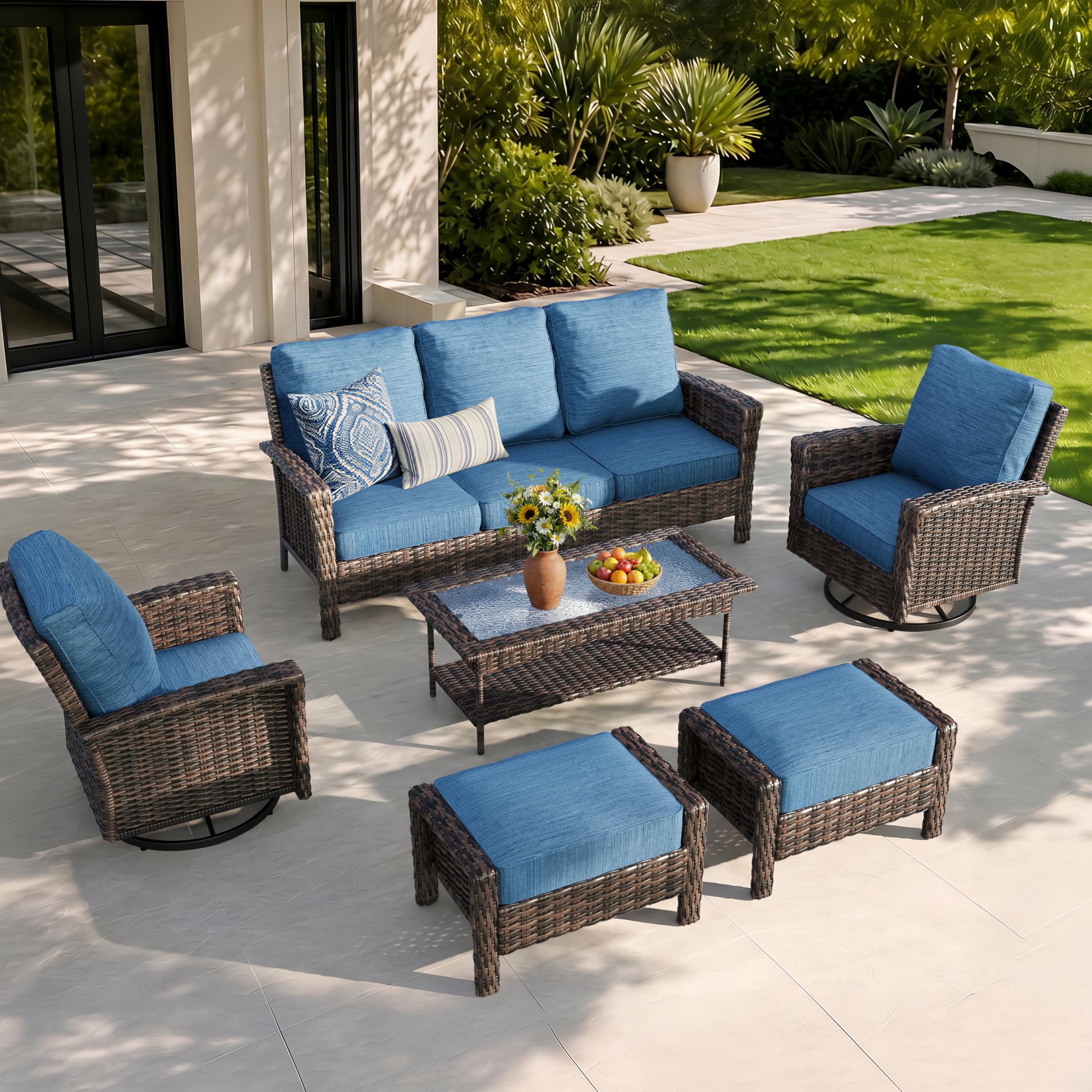 HERA'S HOUSE Patio Furniture Set, High Back Swivel Outdoor Chair with 5.5" Thick Cushions, Oversized Deep Seating Wicker Conversation Set for Lawn Backyard Deck, Navy Blue