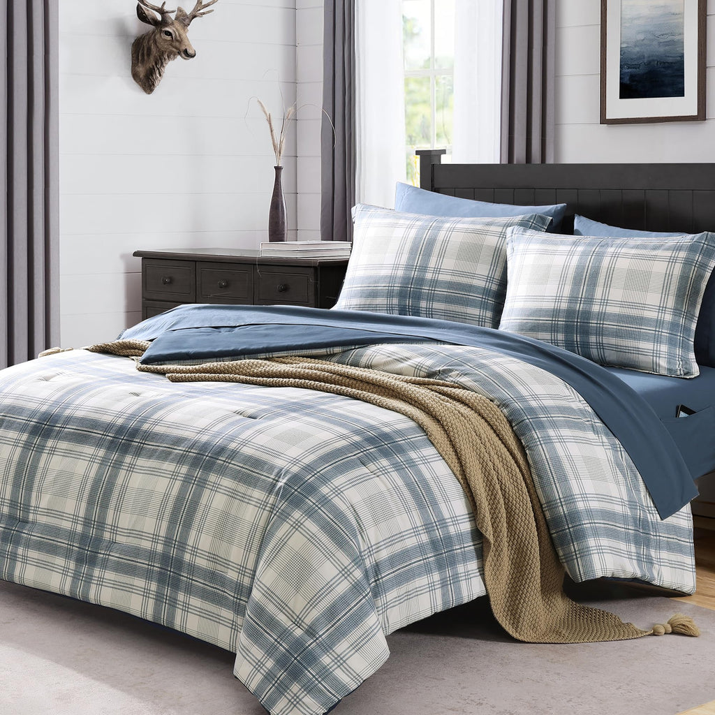 MaiRêve Plaid Twin XL Comforter Set Navy Blue 5 Pieces Dorm Bed in a Bag | Rustic Farmhouse Bedding Sets for Boys Teen with Sheets, Pillowcase & Sham