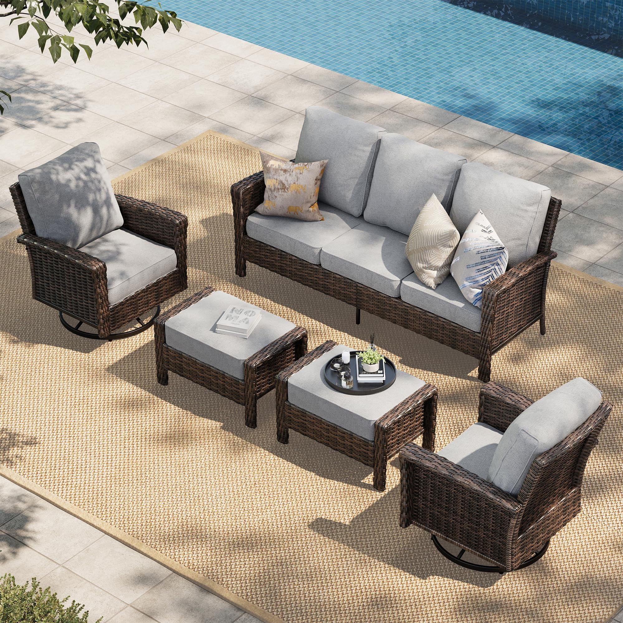 HERA'S HOUSE Patio Furniture Set, High Back Swivel Outdoor Chair with 5.5" Thick Cushions, Oversized Deep Seating Wicker Conversation Set for Lawn Backyard Deck, Navy Blue
