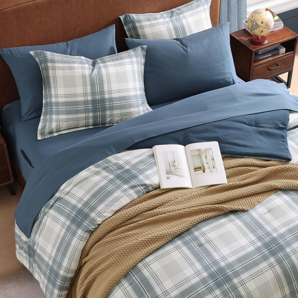 MaiRêve Plaid Twin XL Comforter Set Navy Blue 5 Pieces Dorm Bed in a Bag | Rustic Farmhouse Bedding Sets for Boys Teen with Sheets, Pillowcase & Sham