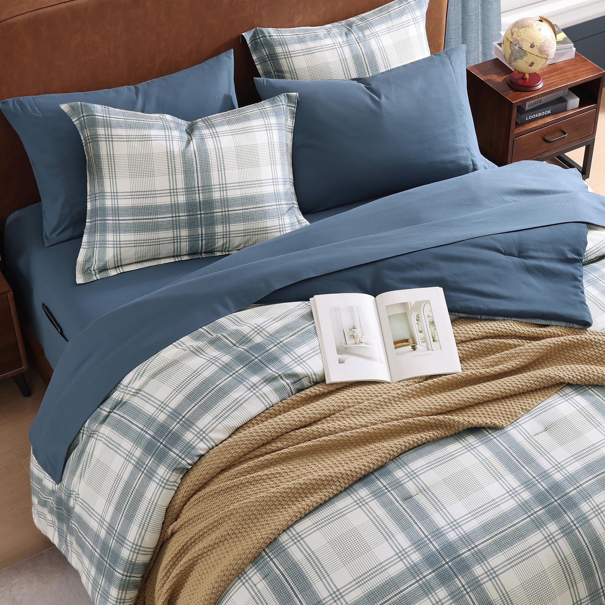 MaiRêve Plaid Twin XL Comforter Set Navy Blue 5 Pieces Dorm Bed in a Bag | Rustic Farmhouse Bedding Sets for Boys Teen with Sheets, Pillowcase & Sham