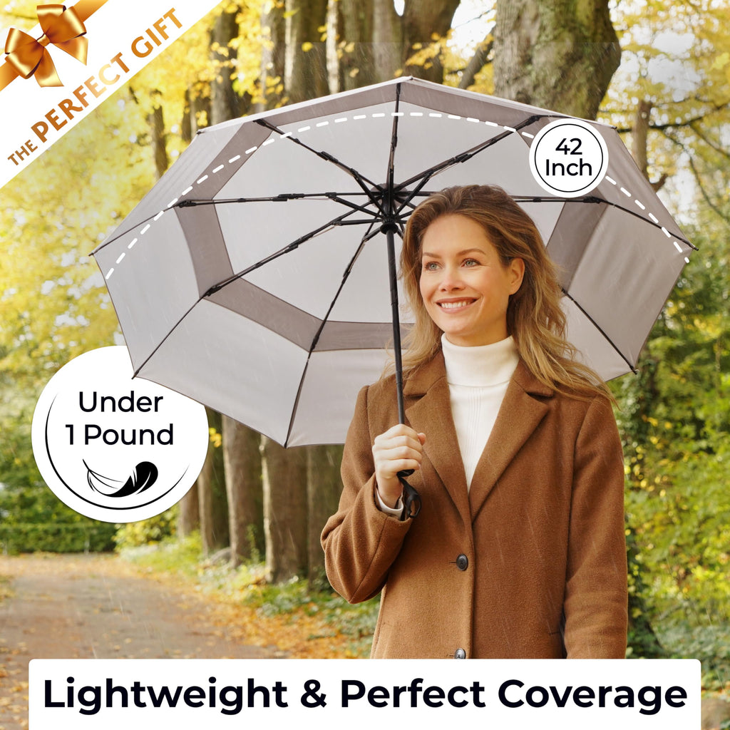 TUMELLA Strongest Windproof Travel Umbrella (Compact, 100MPH Wind-Tested), Light, Portable, One-Handed Use, Automatic Folding Rain Umbrella, Durable, Premium Grip, Fits Car & Backpack