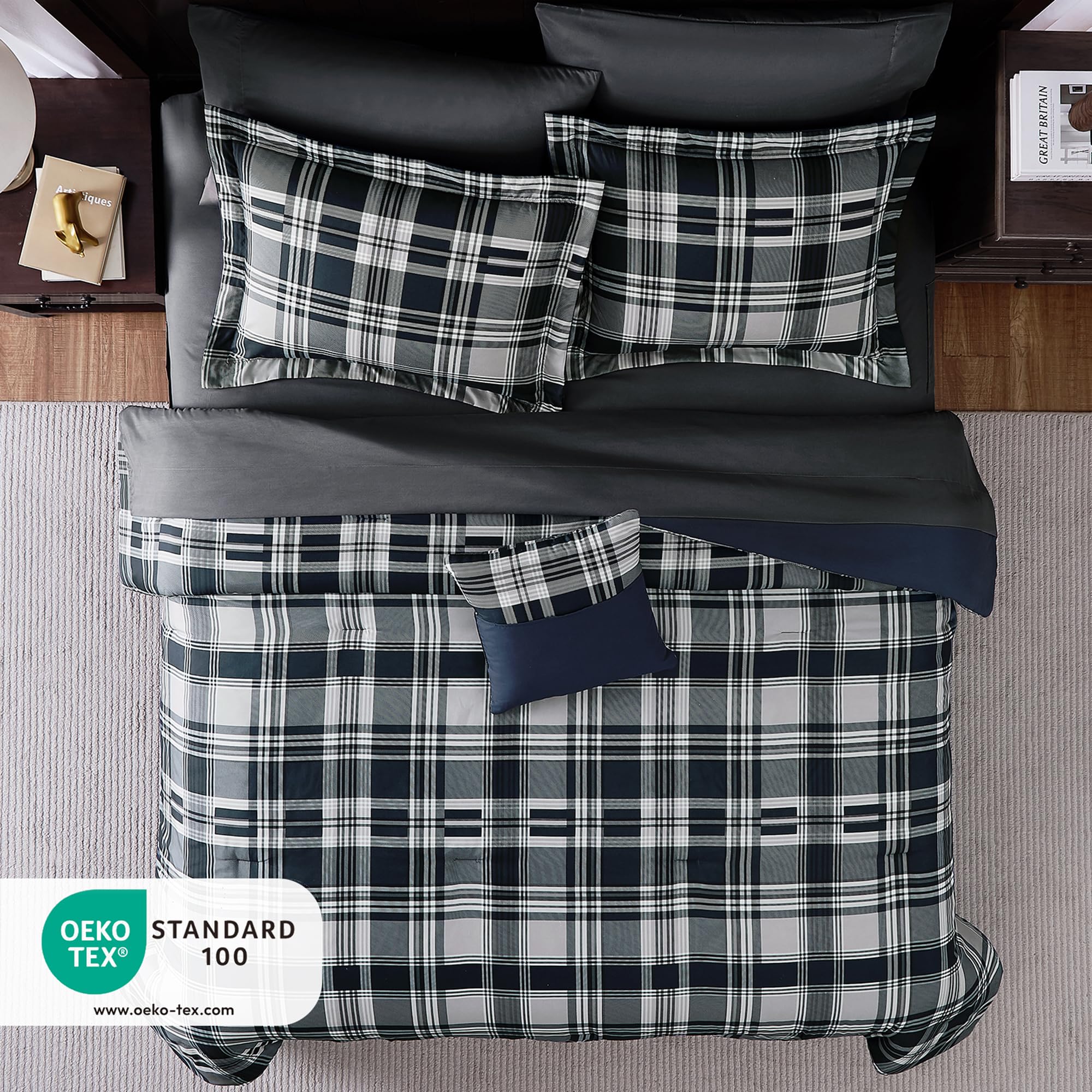 MaiRêve Plaid Twin XL Comforter Set Navy Blue 5 Pieces Dorm Bed in a Bag | Rustic Farmhouse Bedding Sets for Boys Teen with Sheets, Pillowcase & Sham