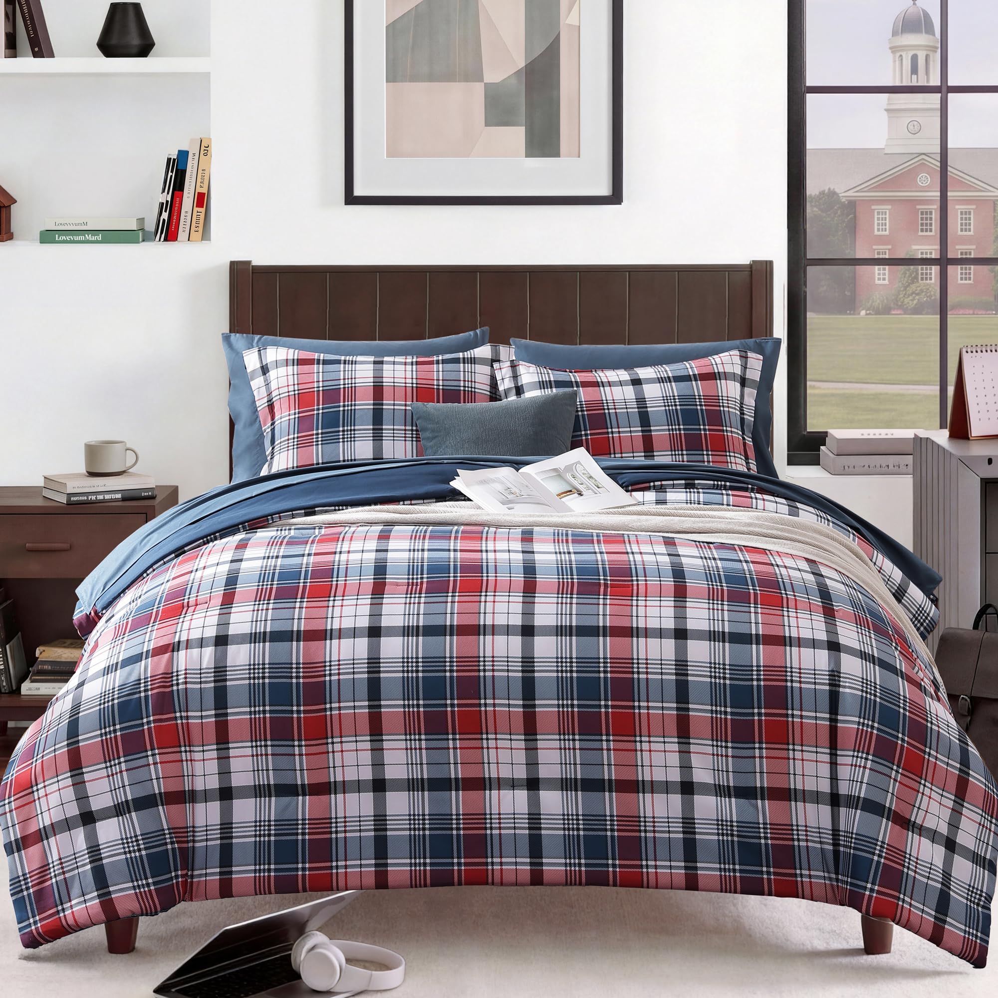 MaiRêve Plaid Twin XL Comforter Set Navy Blue 5 Pieces Dorm Bed in a Bag | Rustic Farmhouse Bedding Sets for Boys Teen with Sheets, Pillowcase & Sham