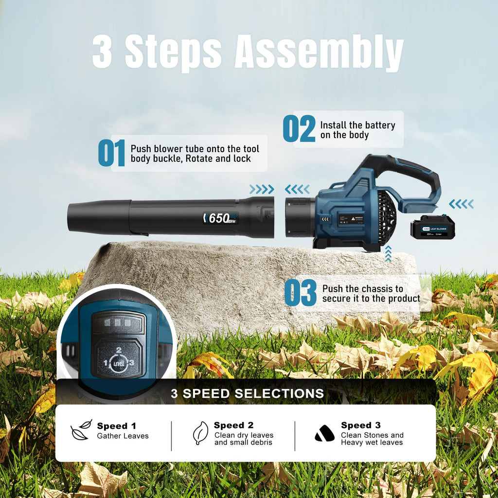LOSART Leaf Blower Cordless, 650CFM & 3 Speed Levels, 1200W Electric Cordless Leaf Blower with 2 x 5.0Ah Batteries & Fast Charger, Blowers for Lawn Care, Yard, Blowing Leaves, Dust, Snow