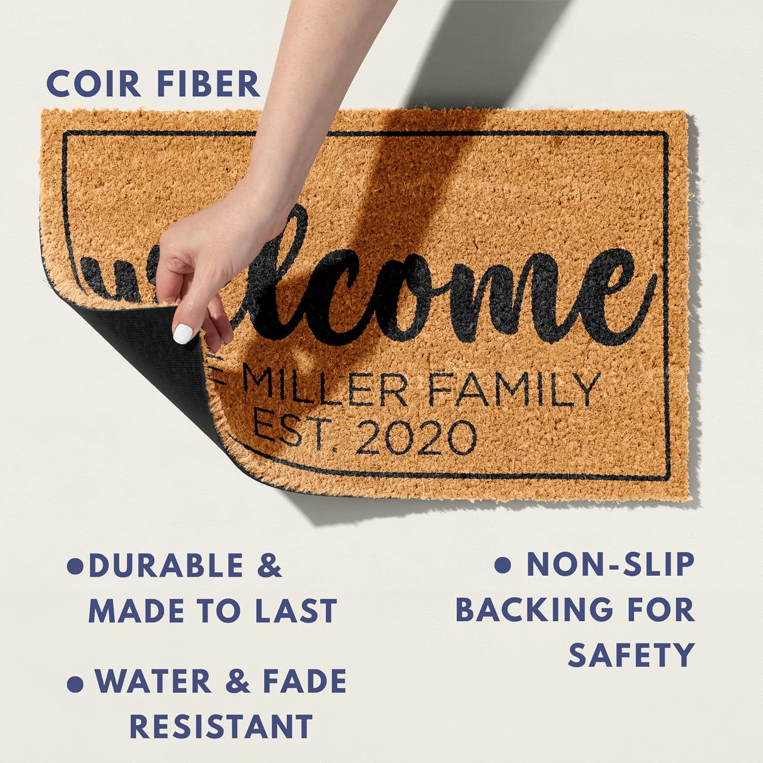 Personalized Doormat with Family Name & 6 Designs, 18" x 30" - Durable Coir Fiber with Anti-Slip Backing, Outdoor-Indoor Use