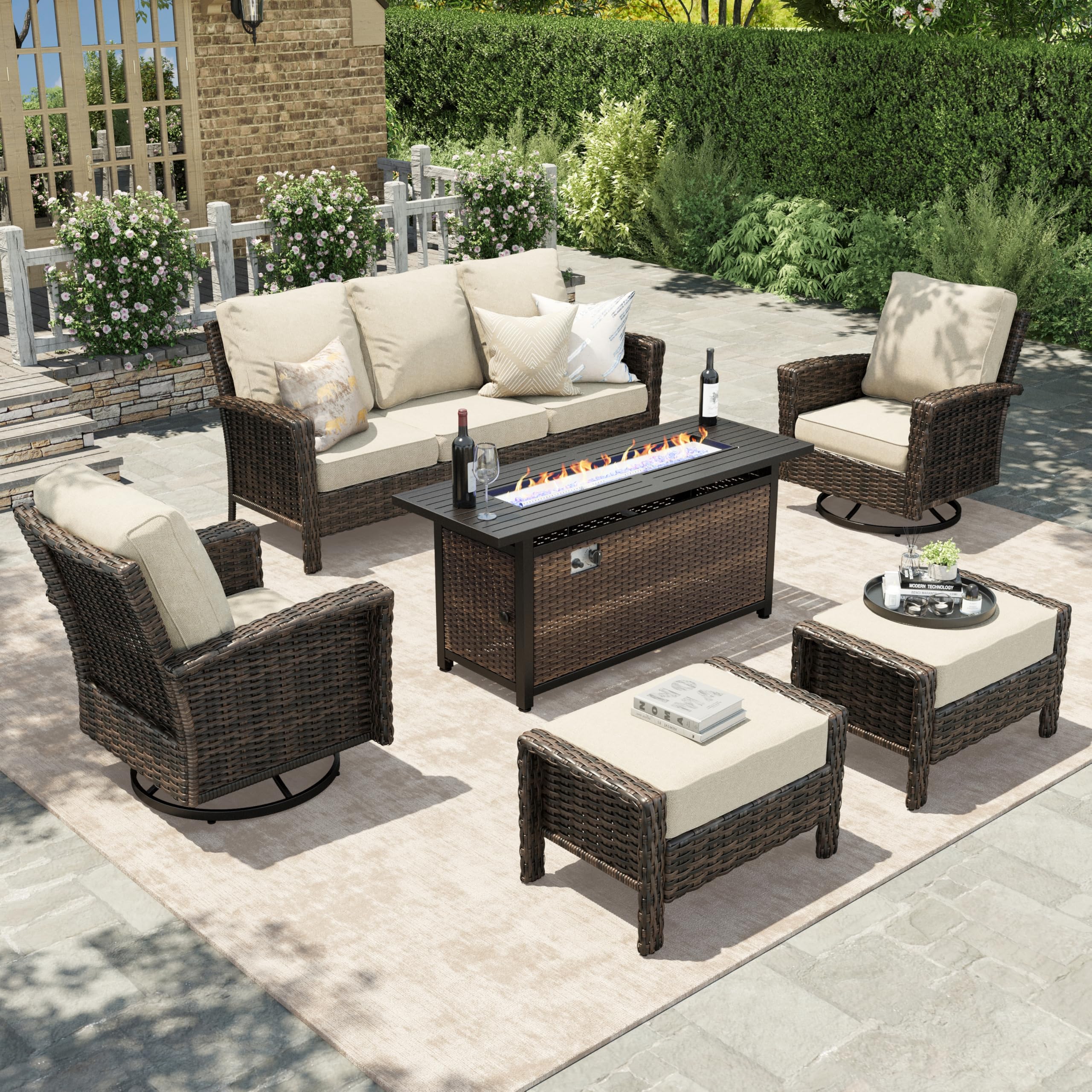 HERA'S HOUSE Patio Furniture Set, High Back Swivel Outdoor Chair with 5.5" Thick Cushions, Oversized Deep Seating Wicker Conversation Set for Lawn Backyard Deck, Navy Blue