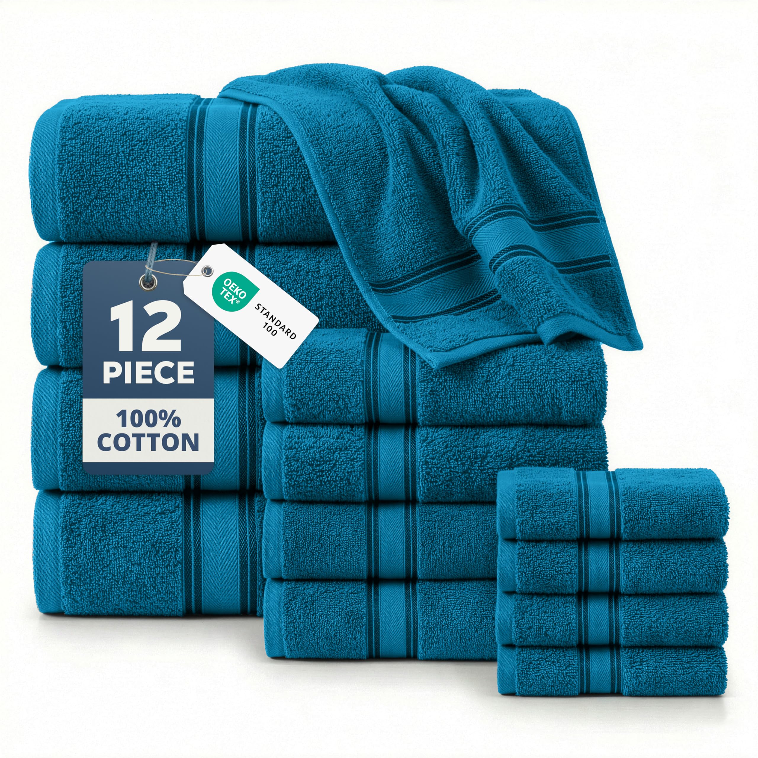 LANE LINEN Bathroom Towels Set of 18 – Zero Twist, 100% Mercerized Cotton Towel, 6 Bath, 6 Handtowel & 6 Washcloths, Luxury Hotel Design, Perfect for Salon & Guests, Machine Washable – Cerulean Blue