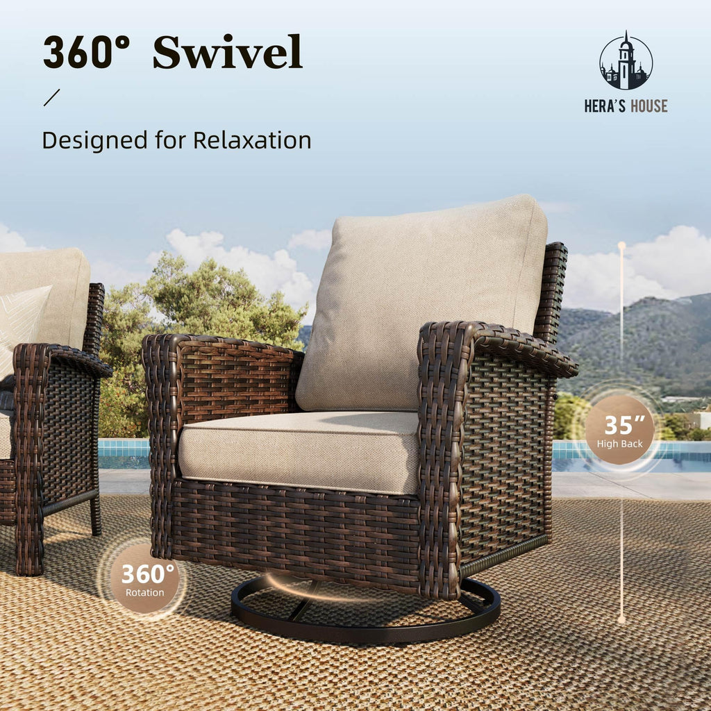 HERA'S HOUSE Patio Furniture Set, High Back Swivel Outdoor Chair with 5.5" Thick Cushions, Oversized Deep Seating Wicker Conversation Set for Lawn Backyard Deck, Navy Blue