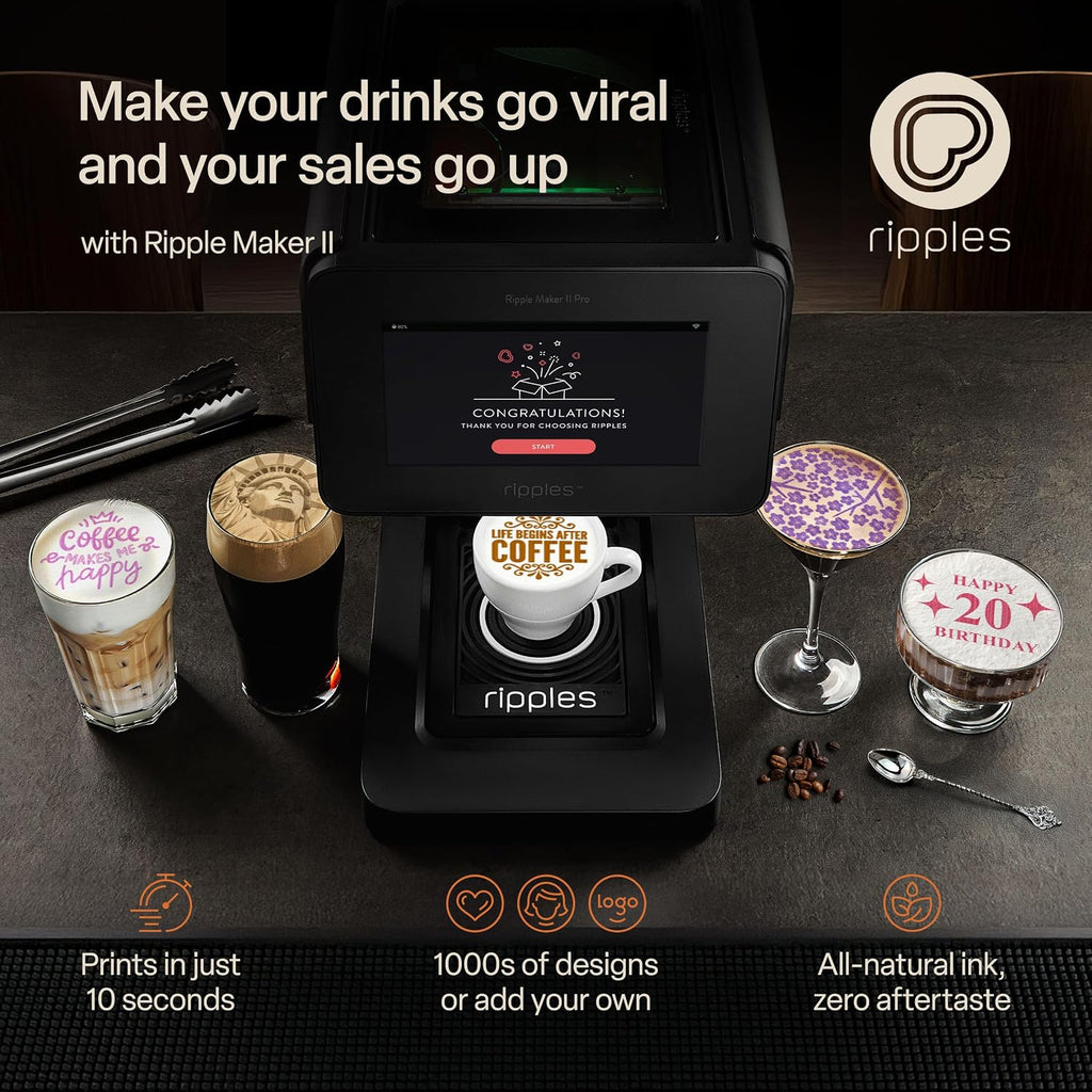 Ripples The Original Maker II, Print on Beverage Foam and Desserts, Plant-Based Ingredients Only, Selfie and Personalized Designs (Machine + Coffee Pod)