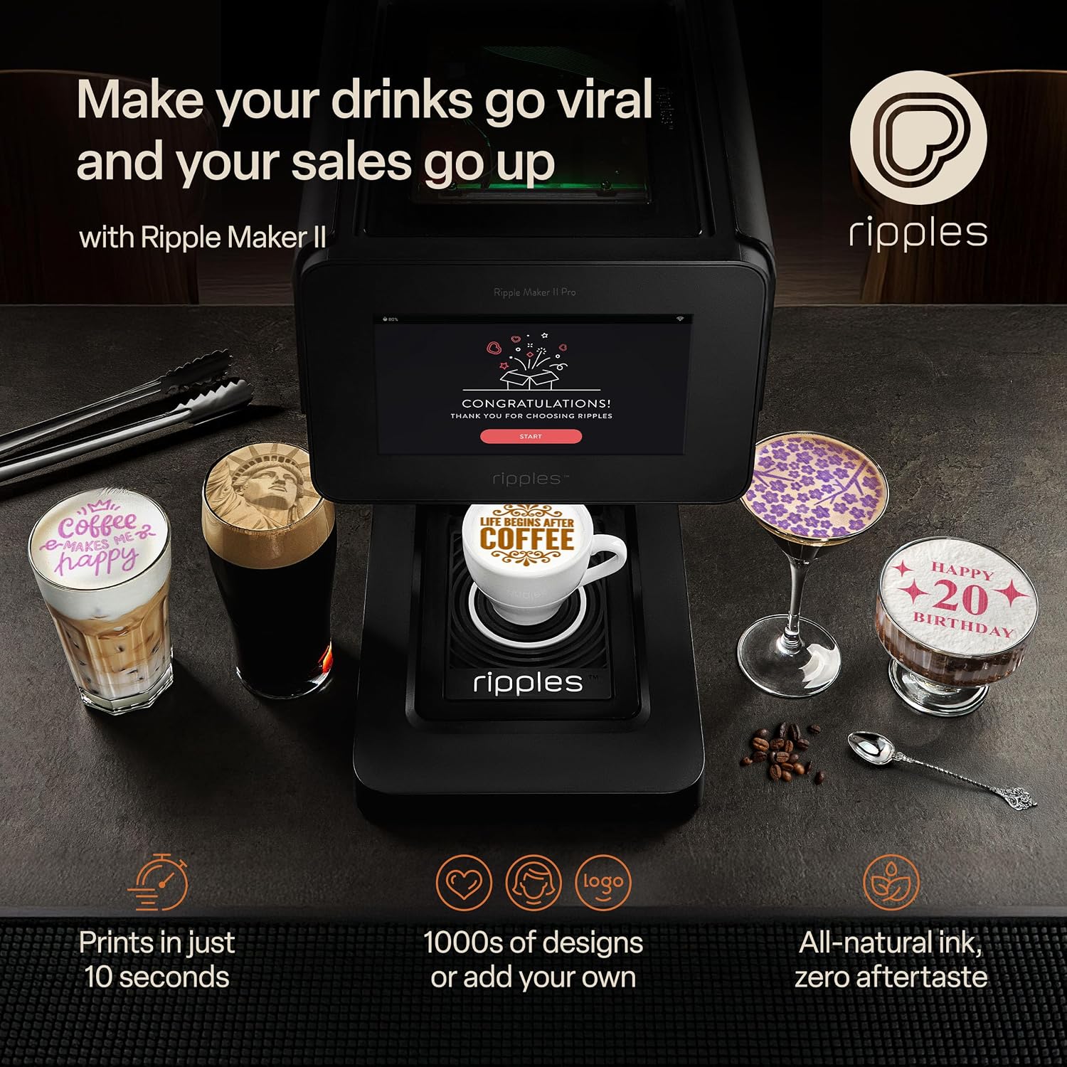Ripples The Original Maker II, Print on Beverage Foam and Desserts, Plant-Based Ingredients Only, Selfie and Personalized Designs (Machine + Coffee Pod)