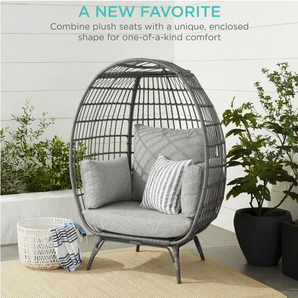 Best Choice Products Wicker Egg Chair, Oversized Indoor Outdoor Lounger for Patio, Backyard, Living Room w/ 4 Cushions, Steel Frame, 440lb Capacity - Black