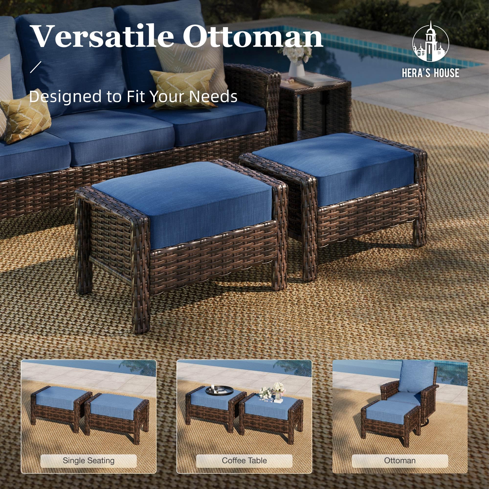 HERA'S HOUSE Patio Furniture Set, High Back Swivel Outdoor Chair with 5.5" Thick Cushions, Oversized Deep Seating Wicker Conversation Set for Lawn Backyard Deck, Navy Blue