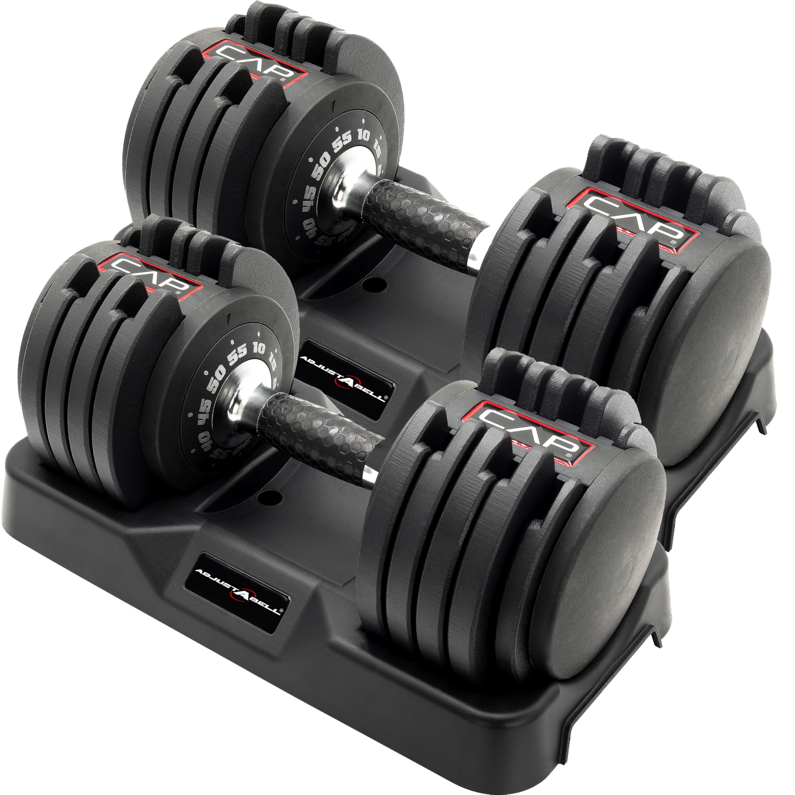 CAP ADJUSTABELL Adjustable Dumbbell Set, Premium Quick Select Adjustable Weights for Strength Training, Singles & Pairs, 12.5 LB, 25 LB & 55 LB, Round & Hex Dumbbells, Multiple Grip Handle Options