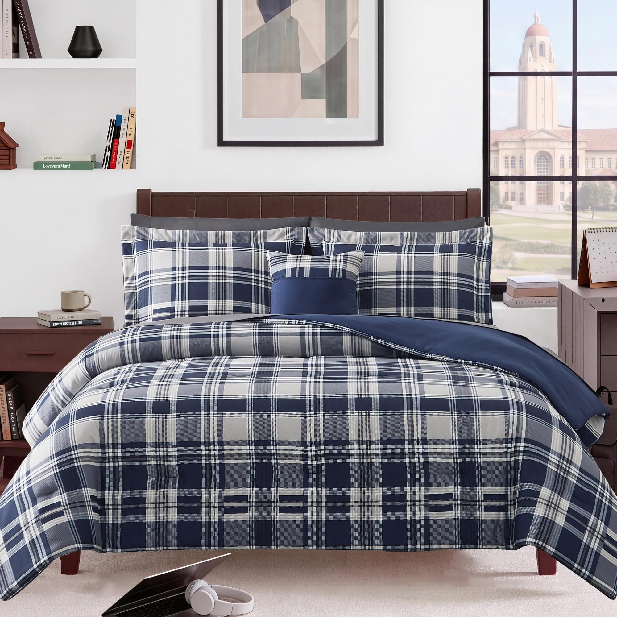MaiRêve Plaid Twin XL Comforter Set Navy Blue 5 Pieces Dorm Bed in a Bag | Rustic Farmhouse Bedding Sets for Boys Teen with Sheets, Pillowcase & Sham