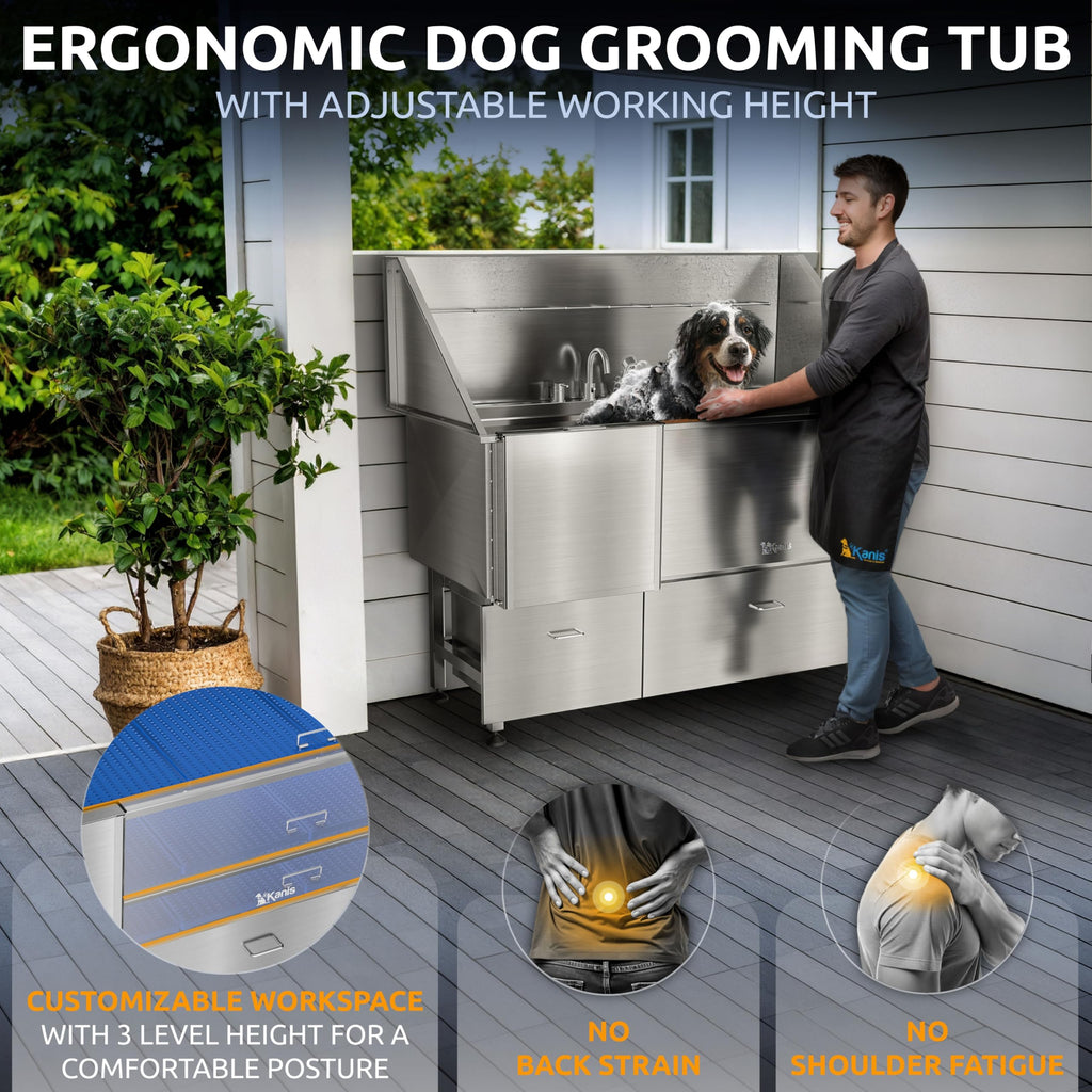 KANIS Professional Dog Washing Station 304 Stainless Steel Pet Wash Sink & Grooming Bathtub w/Shower, Floor Grates and Storage for Large, Medium & Small Pets (Silver, 50 Inches, Right Ramp, 1 Drawer)