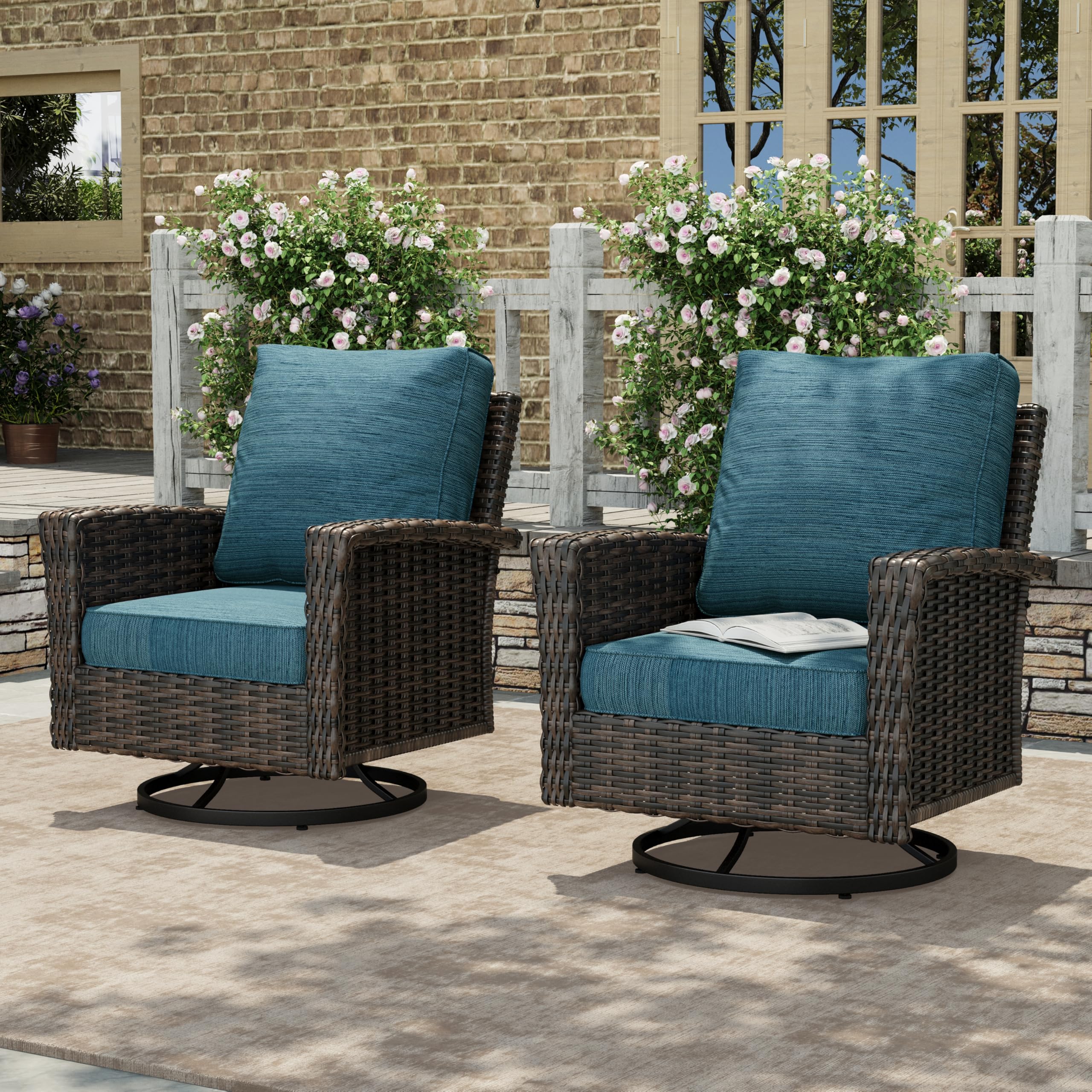 HERA'S HOUSE Patio Furniture Set, High Back Swivel Outdoor Chair with 5.5" Thick Cushions, Oversized Deep Seating Wicker Conversation Set for Lawn Backyard Deck, Navy Blue