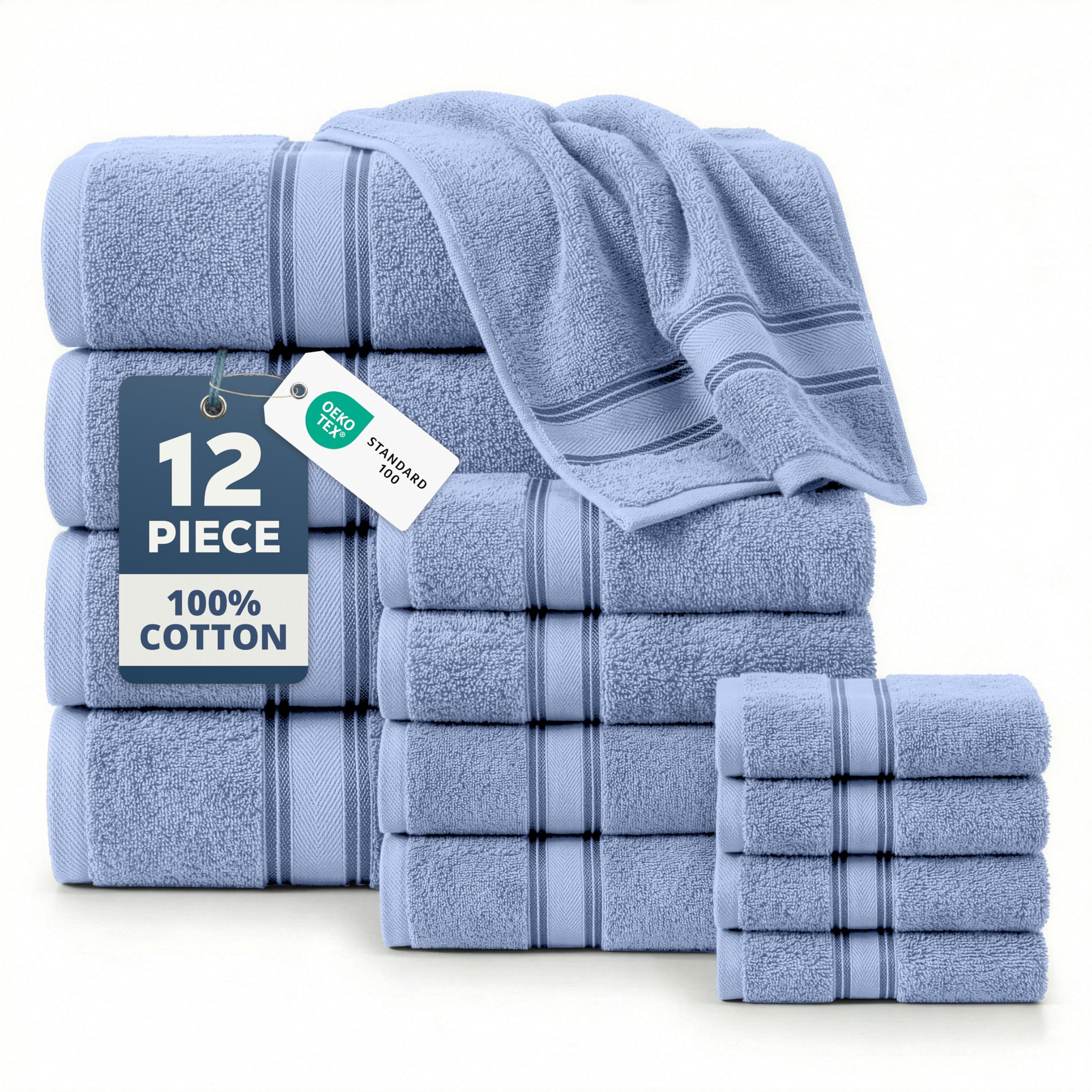 LANE LINEN Bathroom Towels Set of 18 – Zero Twist, 100% Mercerized Cotton Towel, 6 Bath, 6 Handtowel & 6 Washcloths, Luxury Hotel Design, Perfect for Salon & Guests, Machine Washable – Cerulean Blue