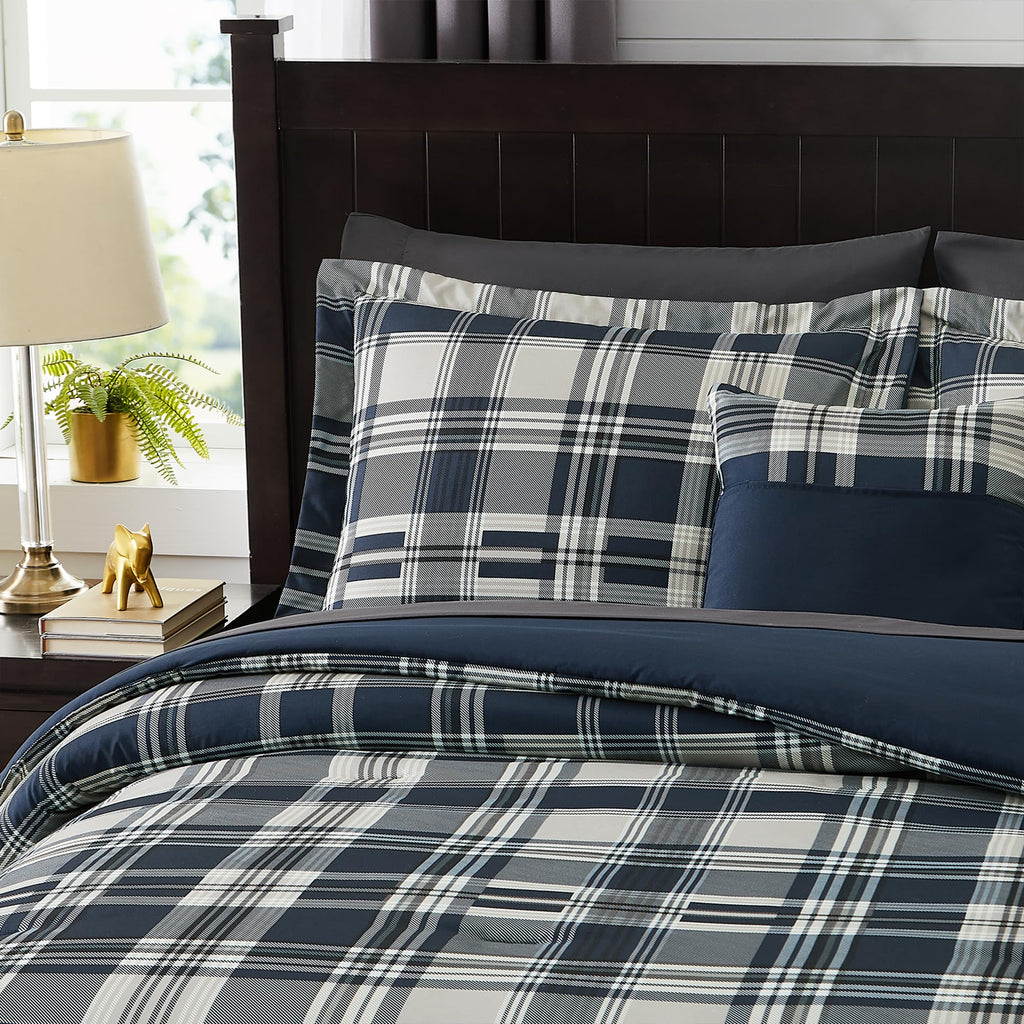 MaiRêve Plaid Twin XL Comforter Set Navy Blue 5 Pieces Dorm Bed in a Bag | Rustic Farmhouse Bedding Sets for Boys Teen with Sheets, Pillowcase & Sham