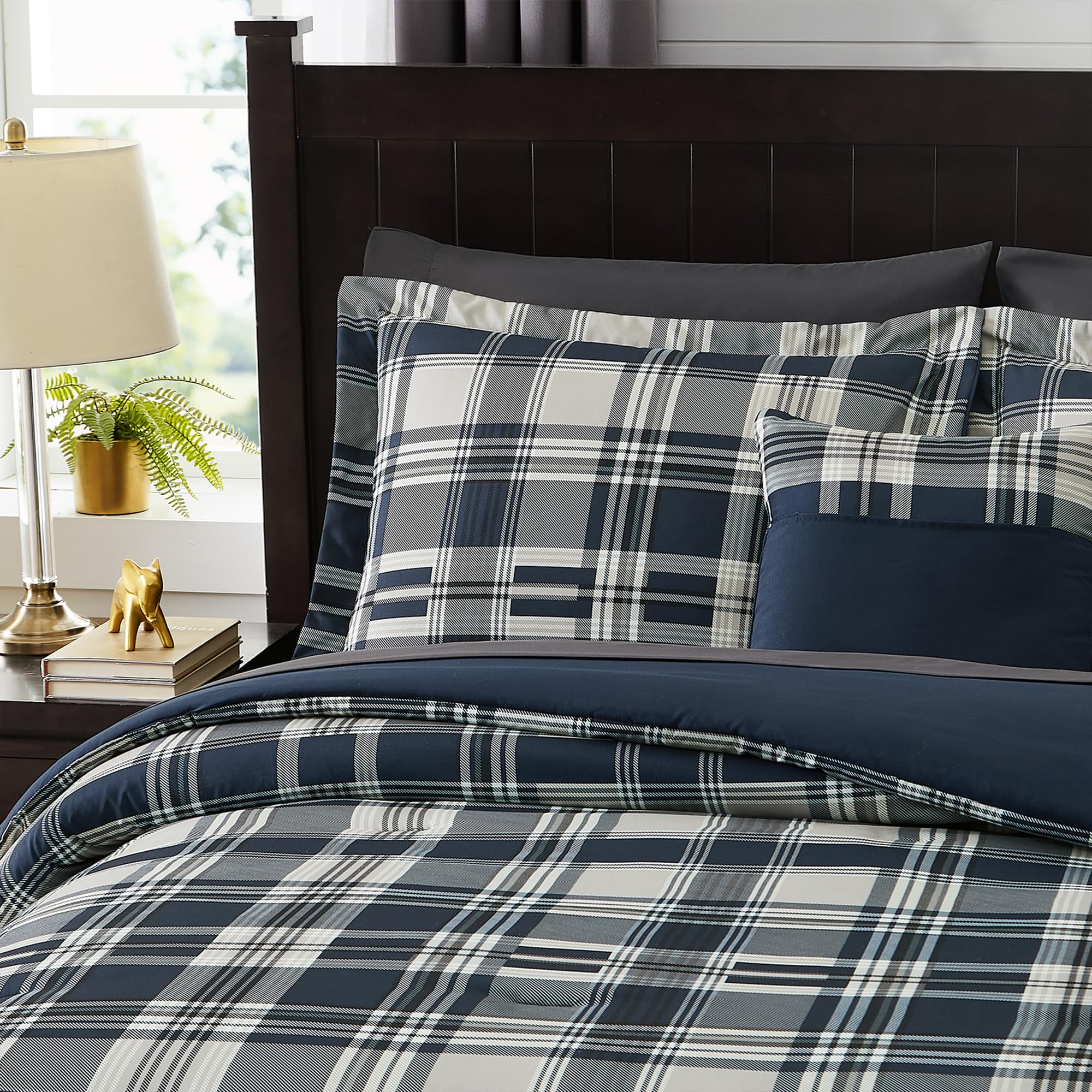 MaiRêve Plaid Twin XL Comforter Set Navy Blue 5 Pieces Dorm Bed in a Bag | Rustic Farmhouse Bedding Sets for Boys Teen with Sheets, Pillowcase & Sham
