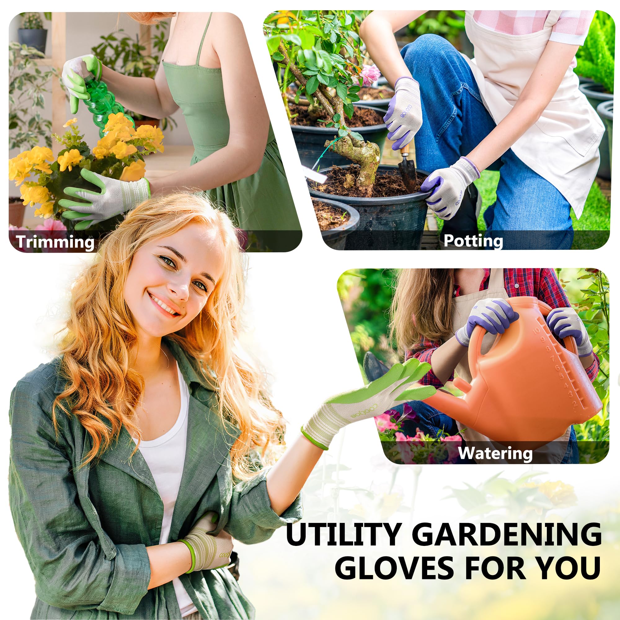 COOLJOB 2 Pairs Gardening Gloves for Women Ladies, Breathable Rubber Coated for Yard Garden, Outdoor Indoor Protective Work with Grip, Medium Size, Red & Green | Red & Blue, Textured Latex Palm, Breathable Polyester Liner, Flexible Fit, Machine Washable,