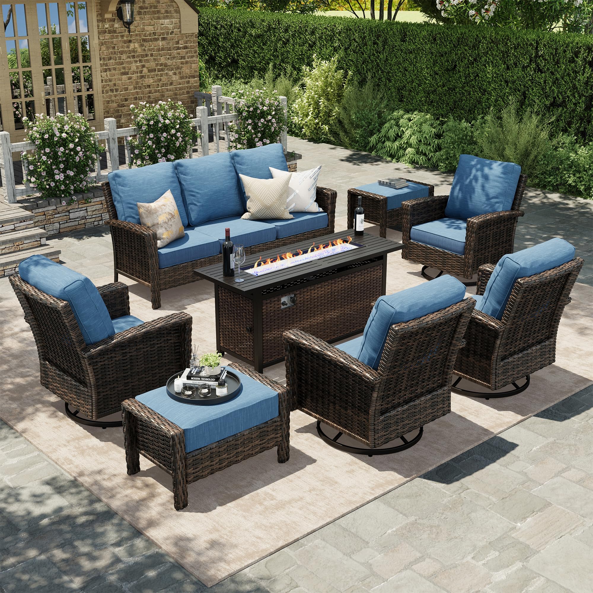 HERA'S HOUSE Patio Furniture Set, High Back Swivel Outdoor Chair with 5.5" Thick Cushions, Oversized Deep Seating Wicker Conversation Set for Lawn Backyard Deck, Navy Blue