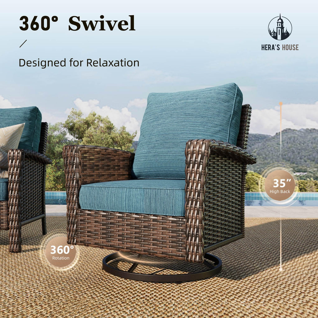HERA'S HOUSE Patio Furniture Set, High Back Swivel Outdoor Chair with 5.5" Thick Cushions, Oversized Deep Seating Wicker Conversation Set for Lawn Backyard Deck, Navy Blue