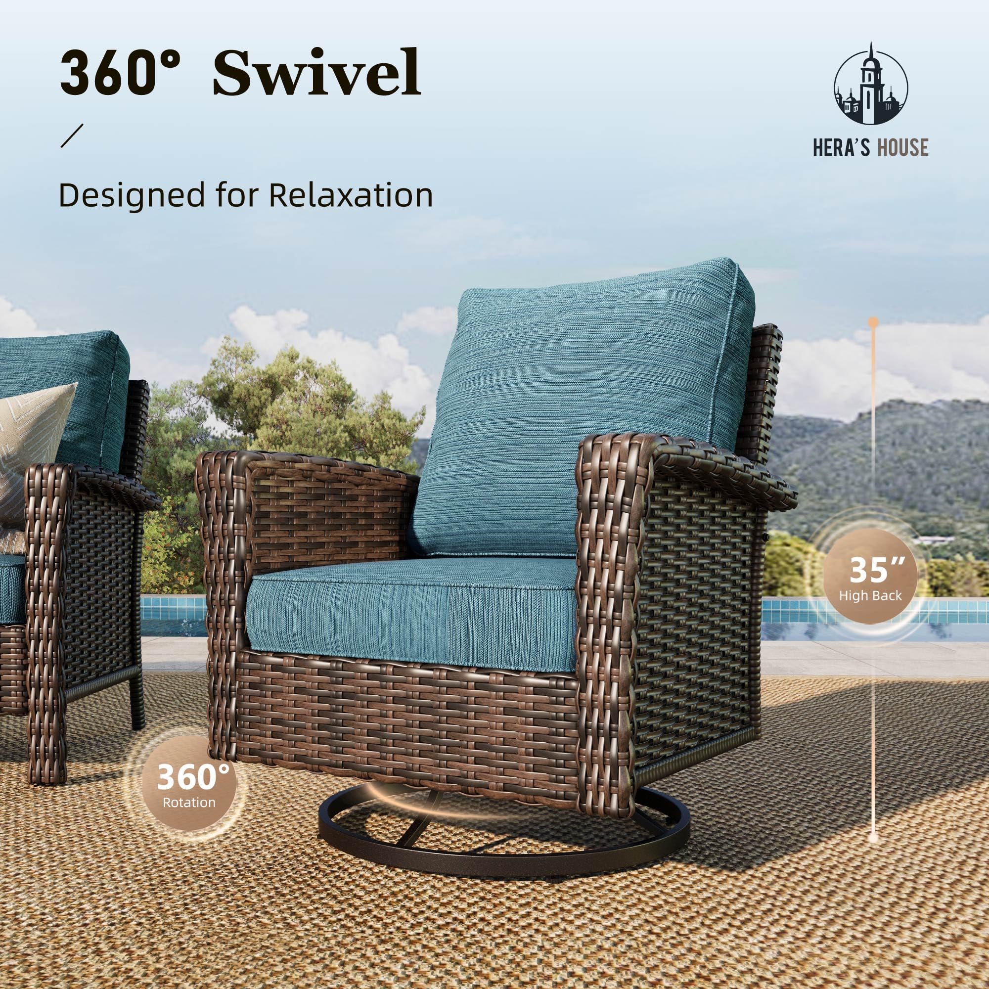 HERA'S HOUSE Patio Furniture Set, High Back Swivel Outdoor Chair with 5.5" Thick Cushions, Oversized Deep Seating Wicker Conversation Set for Lawn Backyard Deck, Navy Blue