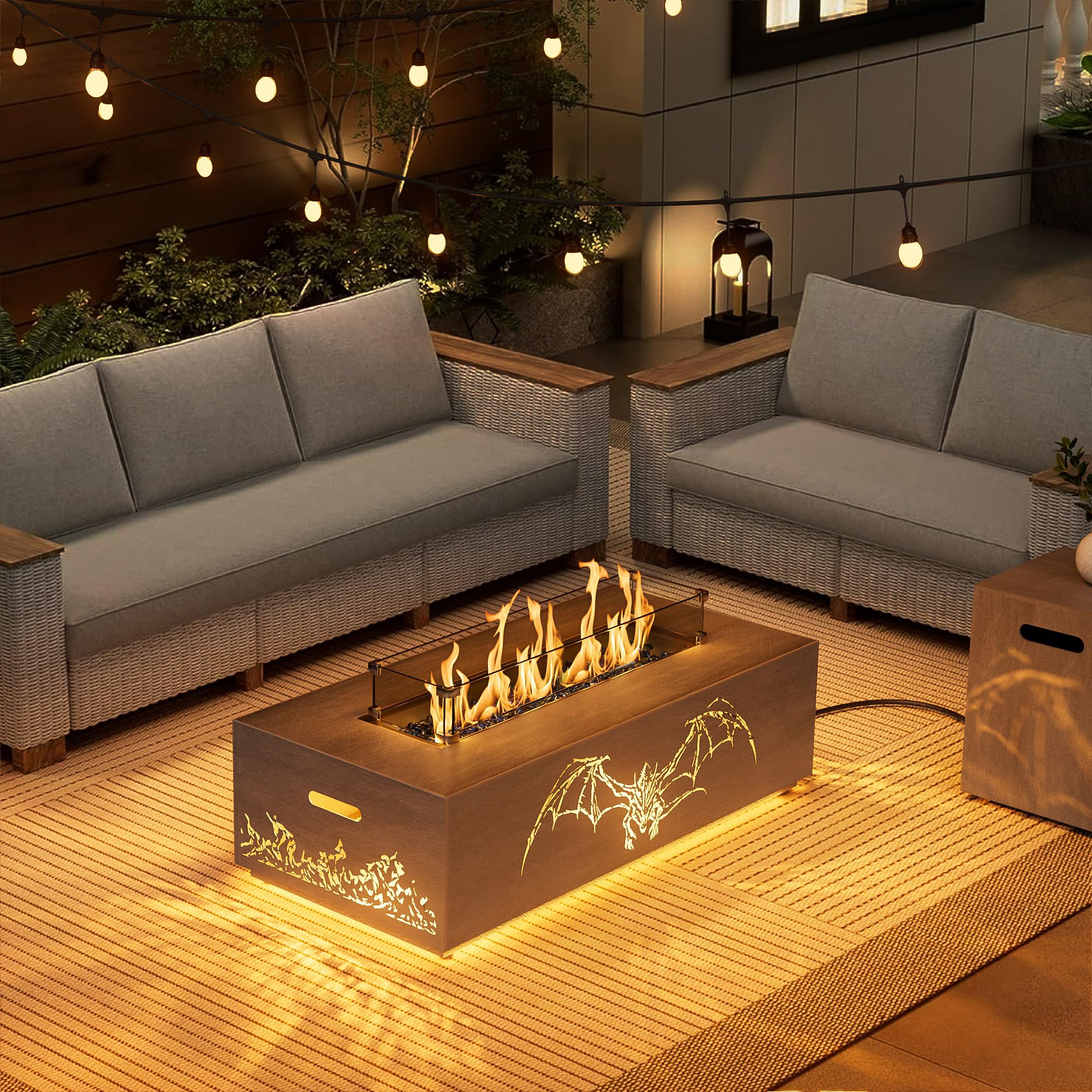 SUNPEAK 42" Modern Fire Pit Table with LED Light 50,000 BTU Deck Fire Pit Table Includes Wind Guard, Lid, Rocks & Cover - Propane Gas Patio Fireplace, Chimenea para Patio (Grey/Golden Light, 42" LED)