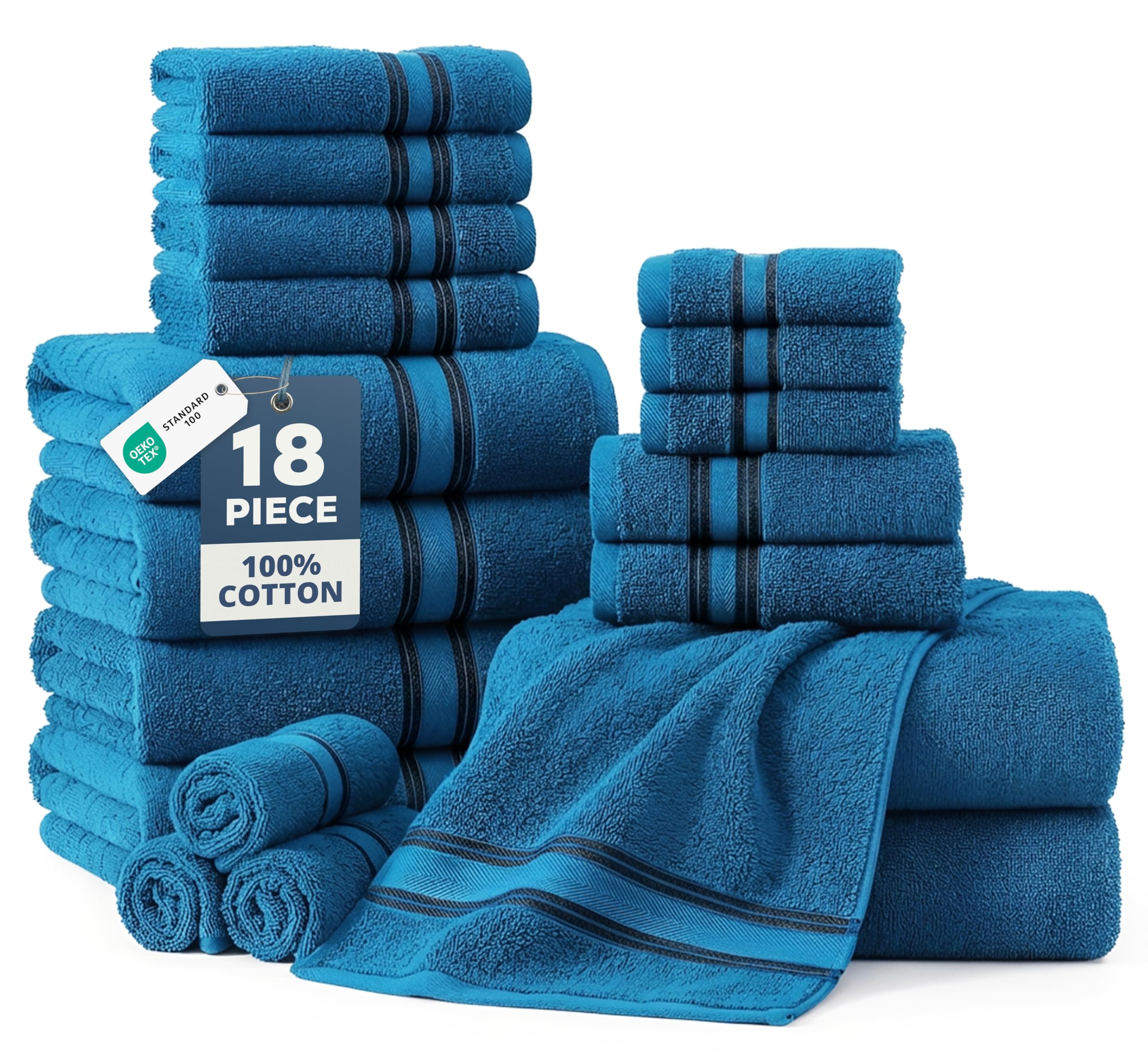 LANE LINEN Bathroom Towels Set of 18 – Zero Twist, 100% Mercerized Cotton Towel, 6 Bath, 6 Handtowel & 6 Washcloths, Luxury Hotel Design, Perfect for Salon & Guests, Machine Washable – Cerulean Blue